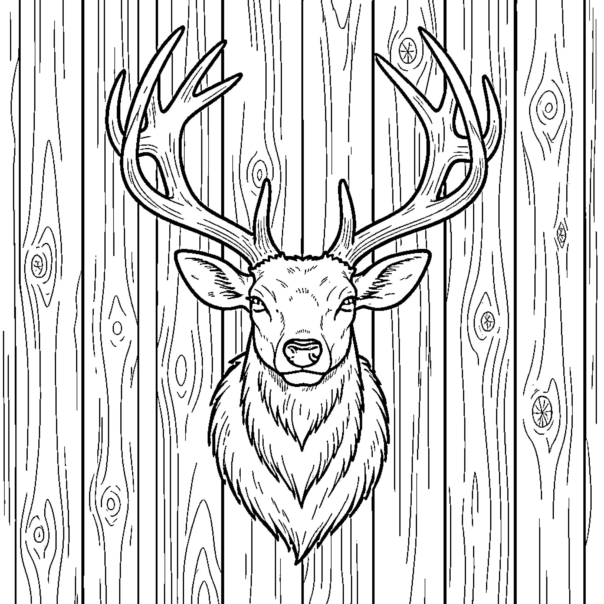Deer head on wooden background Coloring Page (free black-and-white line drawing printable PDF for all, from beginners to advanced learners, including children, teens, adults, and seniors)