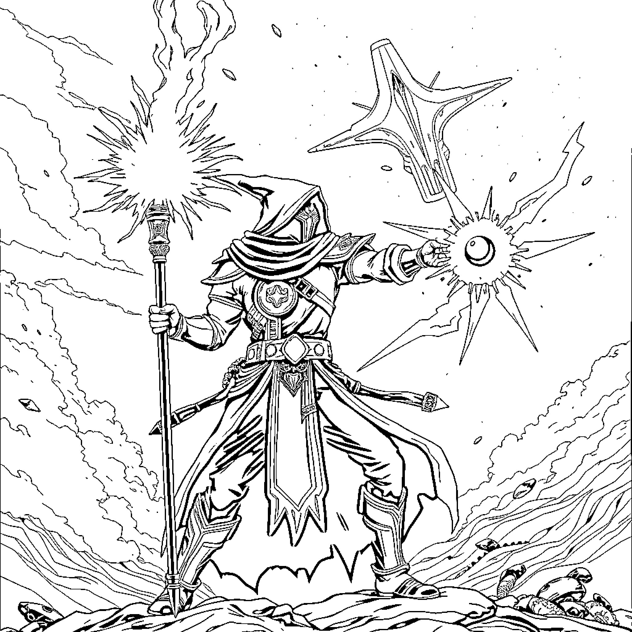 Warlock casting powerful magical spells in an epic scene Coloring Page (free black-and-white line drawing printable PDF for all, from beginners to advanced learners, including children, teens, adults, and seniors)