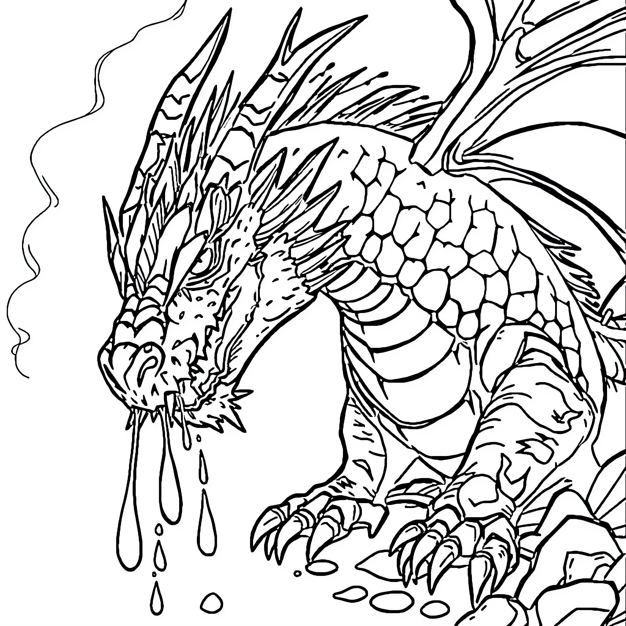 Dragon in fierce attack mode Coloring Page (free black-and-white line drawing printable PDF for all, from beginners to advanced learners, including children, teens, adults, and seniors)