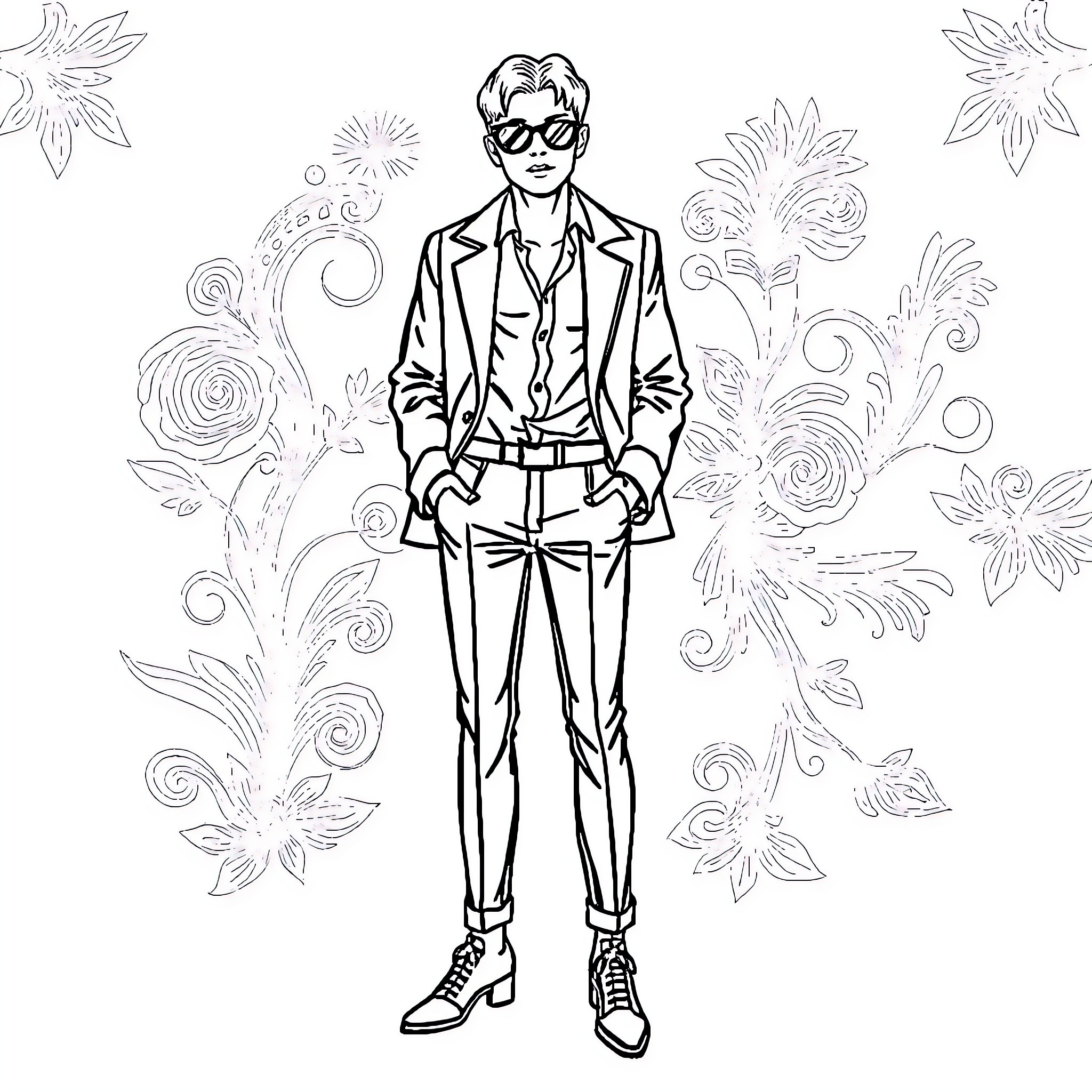 Adult in stylish attire with floral decorations Coloring Page (free black-and-white line drawing printable PDF for all, from beginners to advanced learners, including children, teens, adults, and seniors)