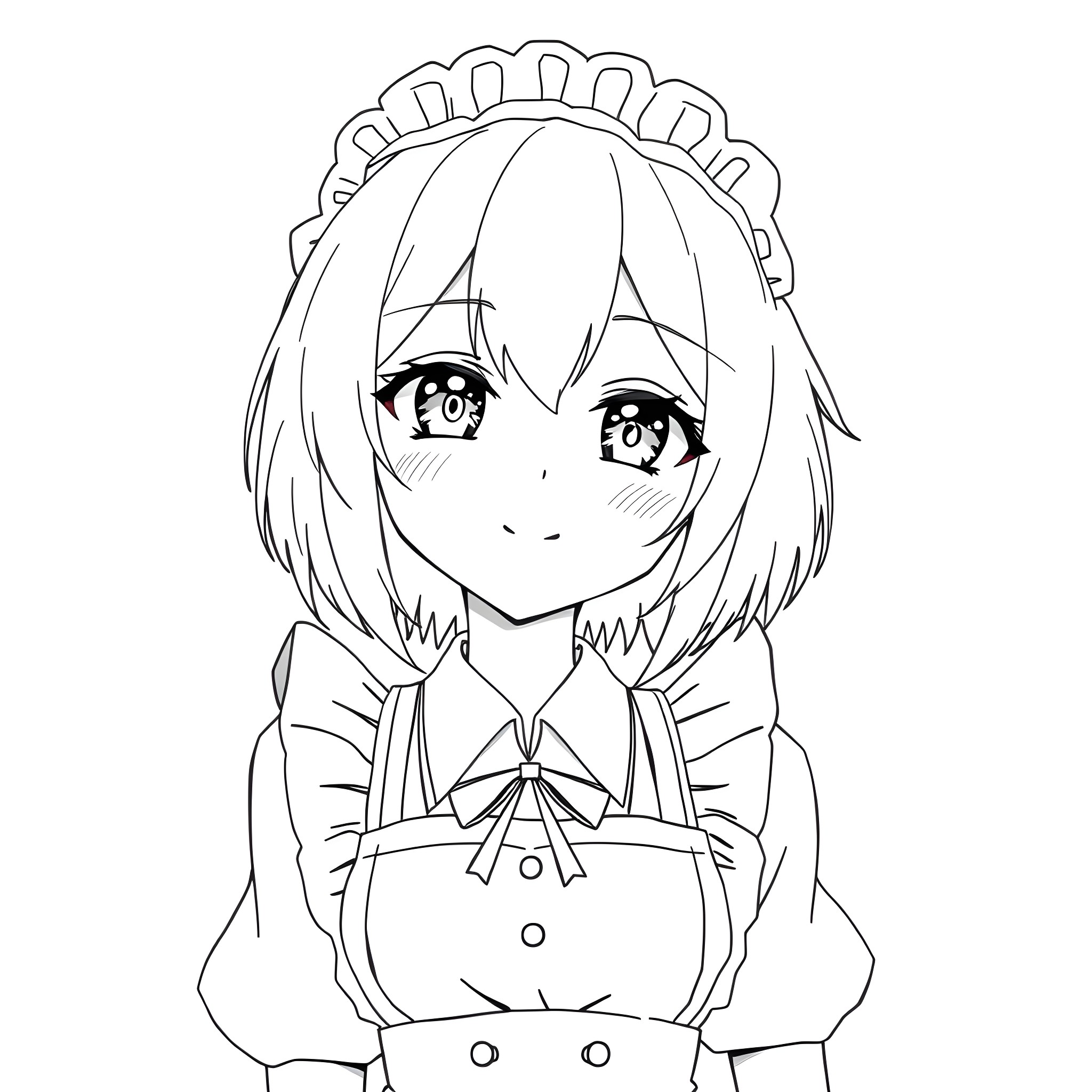 REM: Anime-style maid with a pensive expression Coloring Page (free black-and-white line drawing printable PDF for all, from beginners to advanced learners, including children, teens, adults, and seniors)