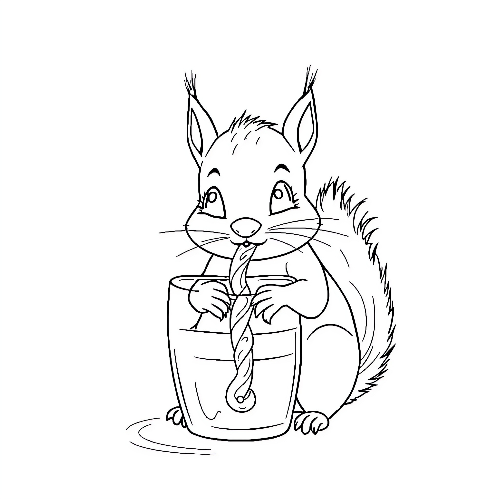 Squirrel enjoying a snack in a jar Coloring Page (free black-and-white line drawing printable PDF for all, from beginners to advanced learners, including children, teens, adults, and seniors)