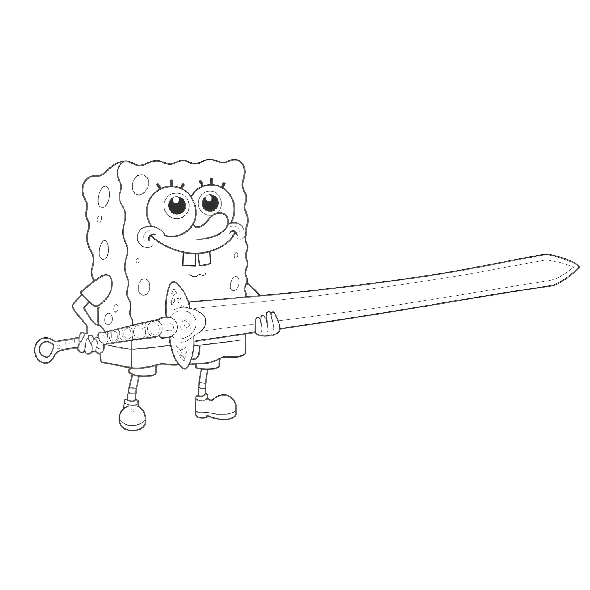 Spongebob wielding a giant sword Coloring Page (free black-and-white line drawing printable PDF for all, from beginners to advanced learners, including children, teens, adults, and seniors)
