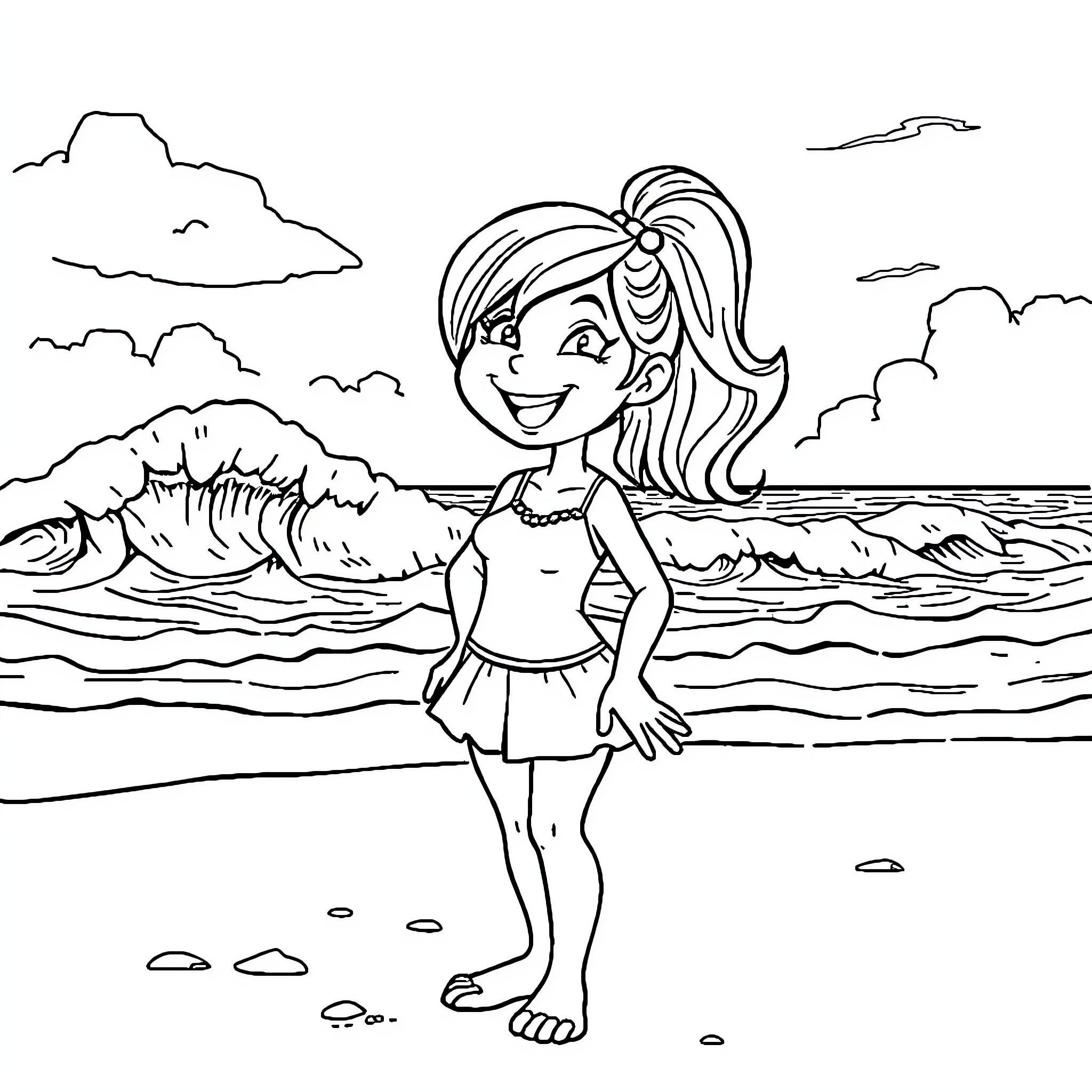 Cherry Playing by the Waves Coloring Page (free black-and-white line drawing printable PDF for all, from beginners to advanced learners, including children, teens, adults, and seniors)
