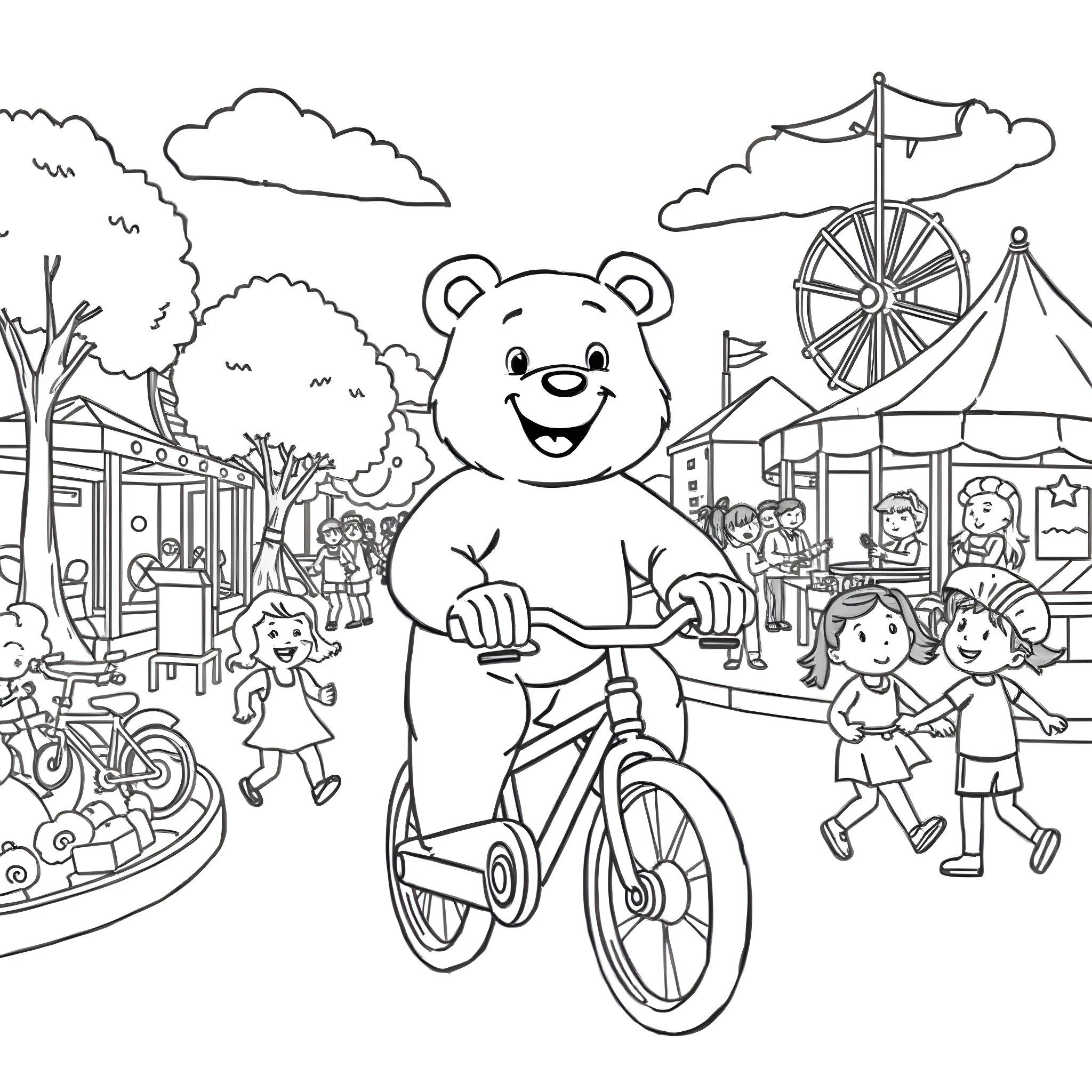 Billy Bear enjoys a day at the carnival Coloring Page (free black-and-white line drawing printable PDF for all, from beginners to advanced learners, including children, teens, adults, and seniors)