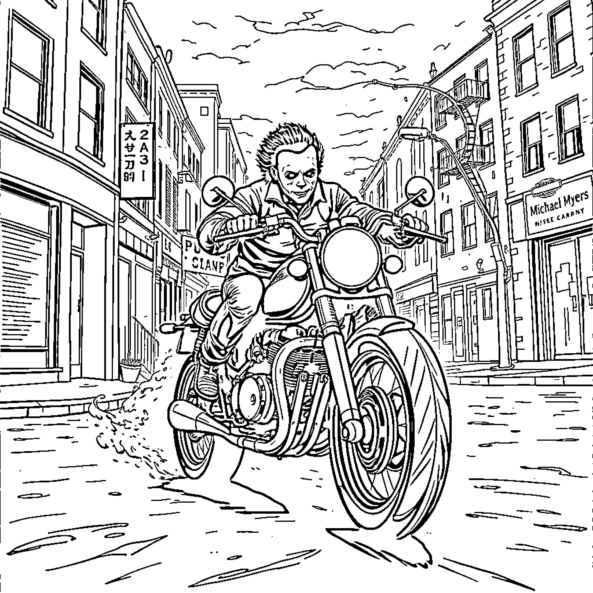 Michael Myers riding a motorcycle through the city Coloring Page (free black-and-white line drawing printable PDF for all, from beginners to advanced learners, including children, teens, adults, and seniors)