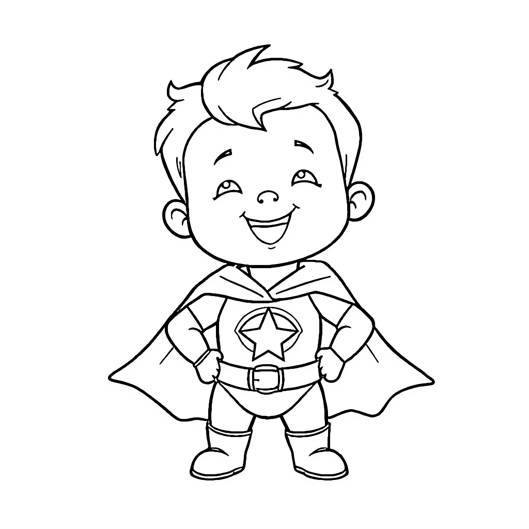 Baby Superhero in Costume and Cape Coloring Page (free black-and-white line drawing printable PDF for all, from beginners to advanced learners, including children, teens, adults, and seniors)