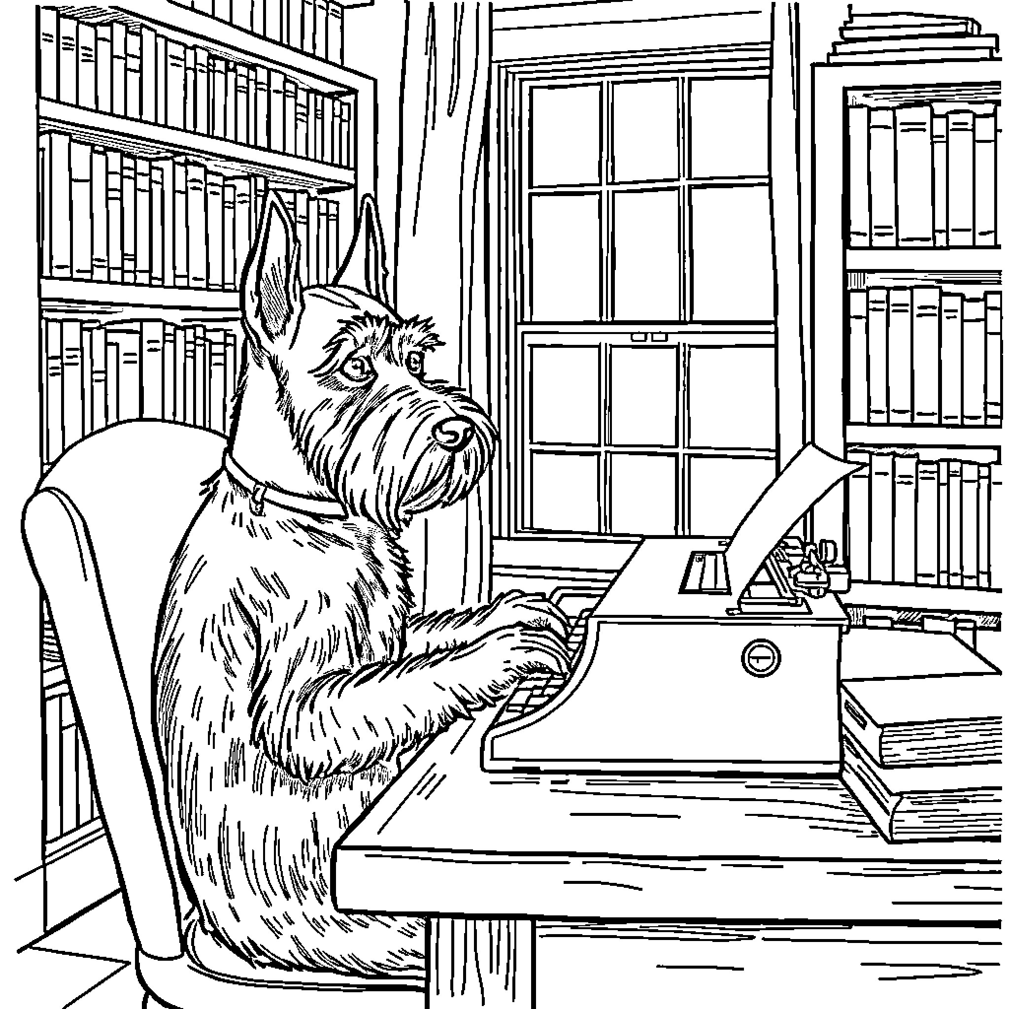 Schnauzer working diligently at a typewriter in a cozy library Coloring Page (free black-and-white line drawing printable PDF for all, from beginners to advanced learners, including children, teens, adults, and seniors)