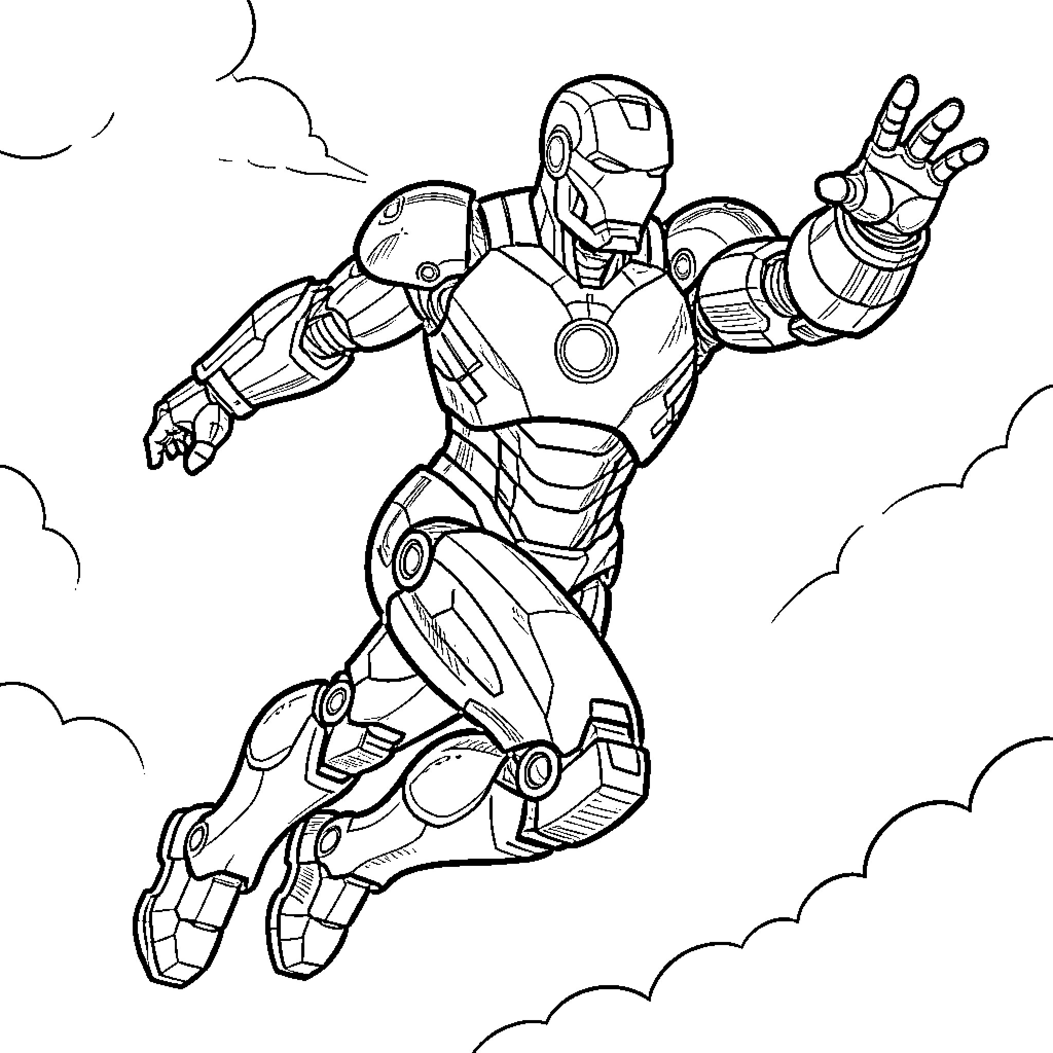 Ironman heroically soaring through the sky Coloring Page (free black-and-white line drawing printable PDF for all, from beginners to advanced learners, including children, teens, adults, and seniors)