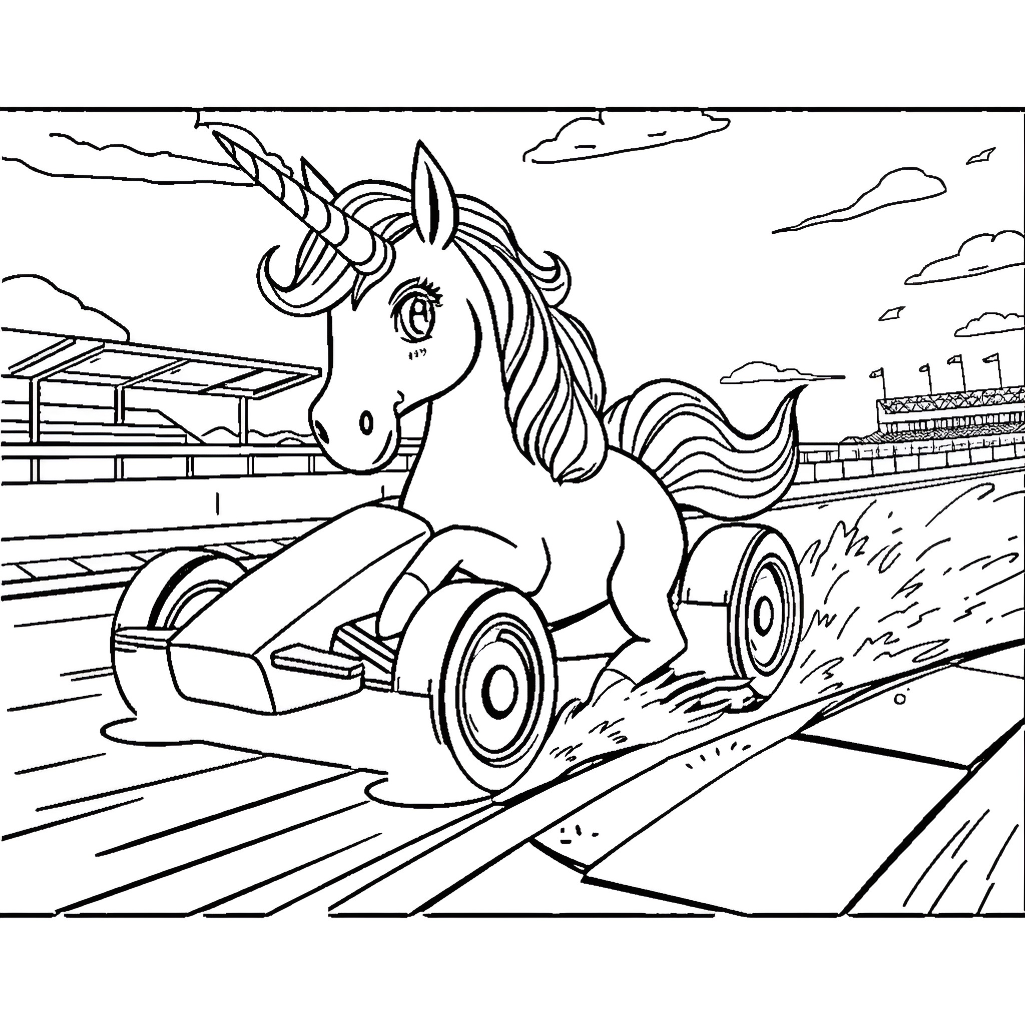 Unicorn racing on a track with speed Coloring Page (free black-and-white line drawing printable PDF for all, from beginners to advanced learners, including children, teens, adults, and seniors)