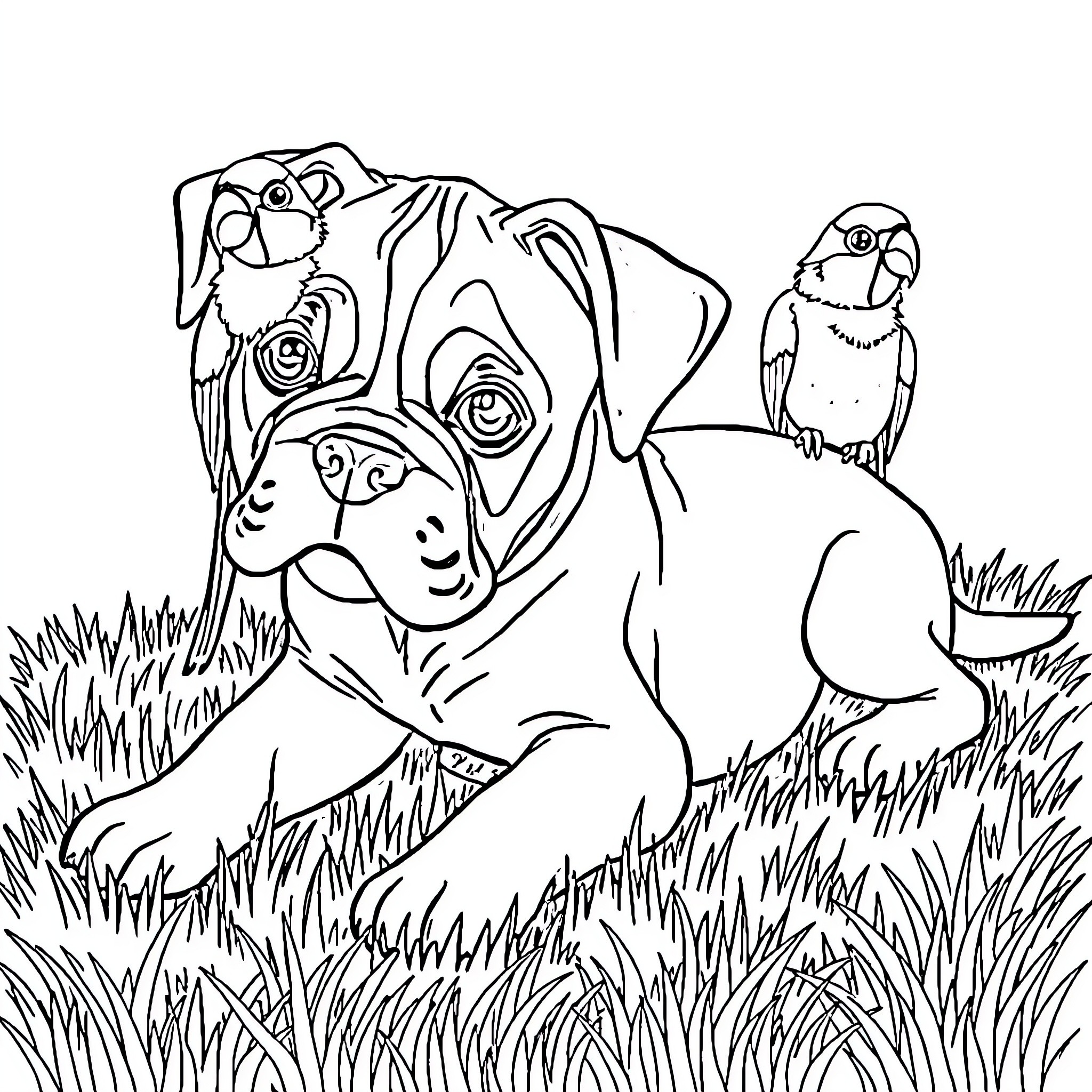 Puppy and Parrot Playing in the Grass Coloring Page (free black-and-white line drawing printable PDF for all, from beginners to advanced learners, including children, teens, adults, and seniors)
