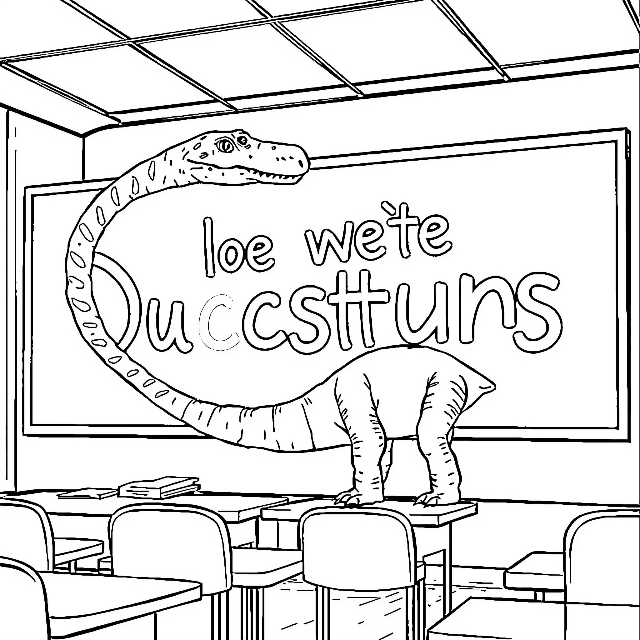 Diplodocus dinosaur lecturing in a classroom Coloring Page (free black-and-white line drawing printable PDF for all, from beginners to advanced learners, including children, teens, adults, and seniors)