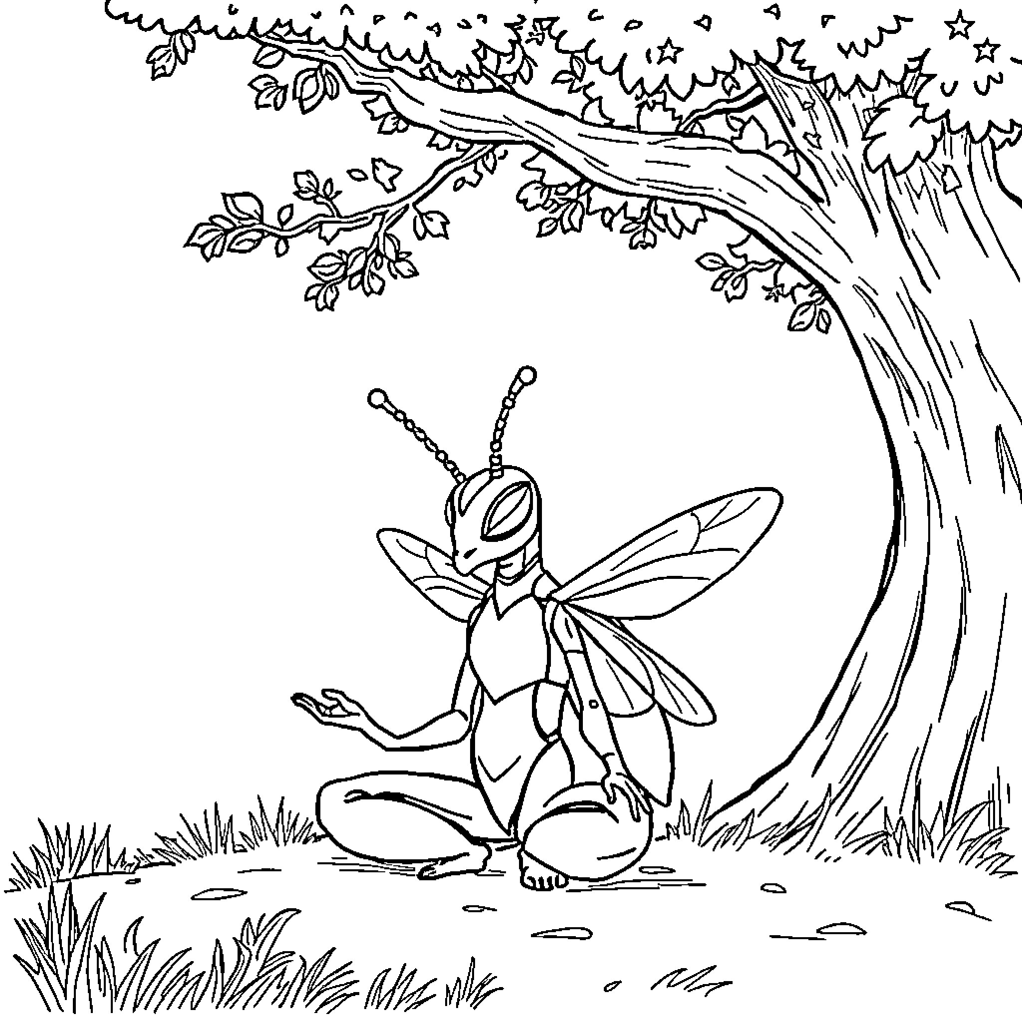 Hornet resting peacefully in the nature Coloring Page (free black-and-white line drawing printable PDF for all, from beginners to advanced learners, including children, teens, adults, and seniors)