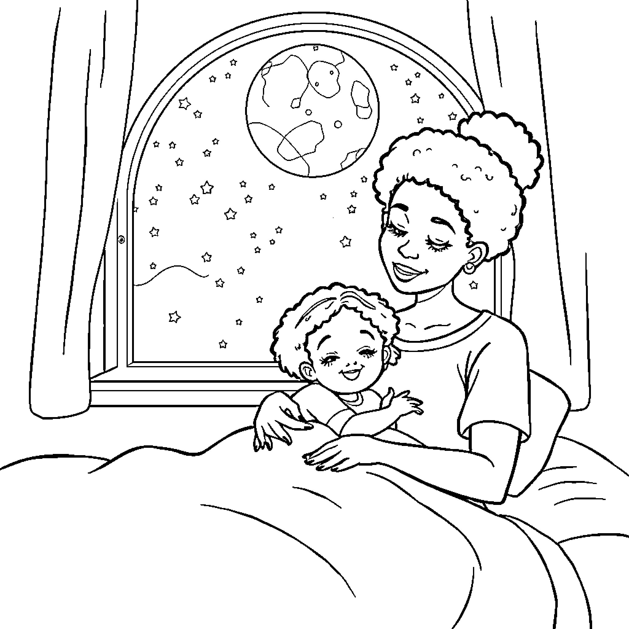 Mother Comforting Child by Starry Window Coloring Page (free black-and-white line drawing printable PDF for all, from beginners to advanced learners, including children, teens, adults, and seniors)