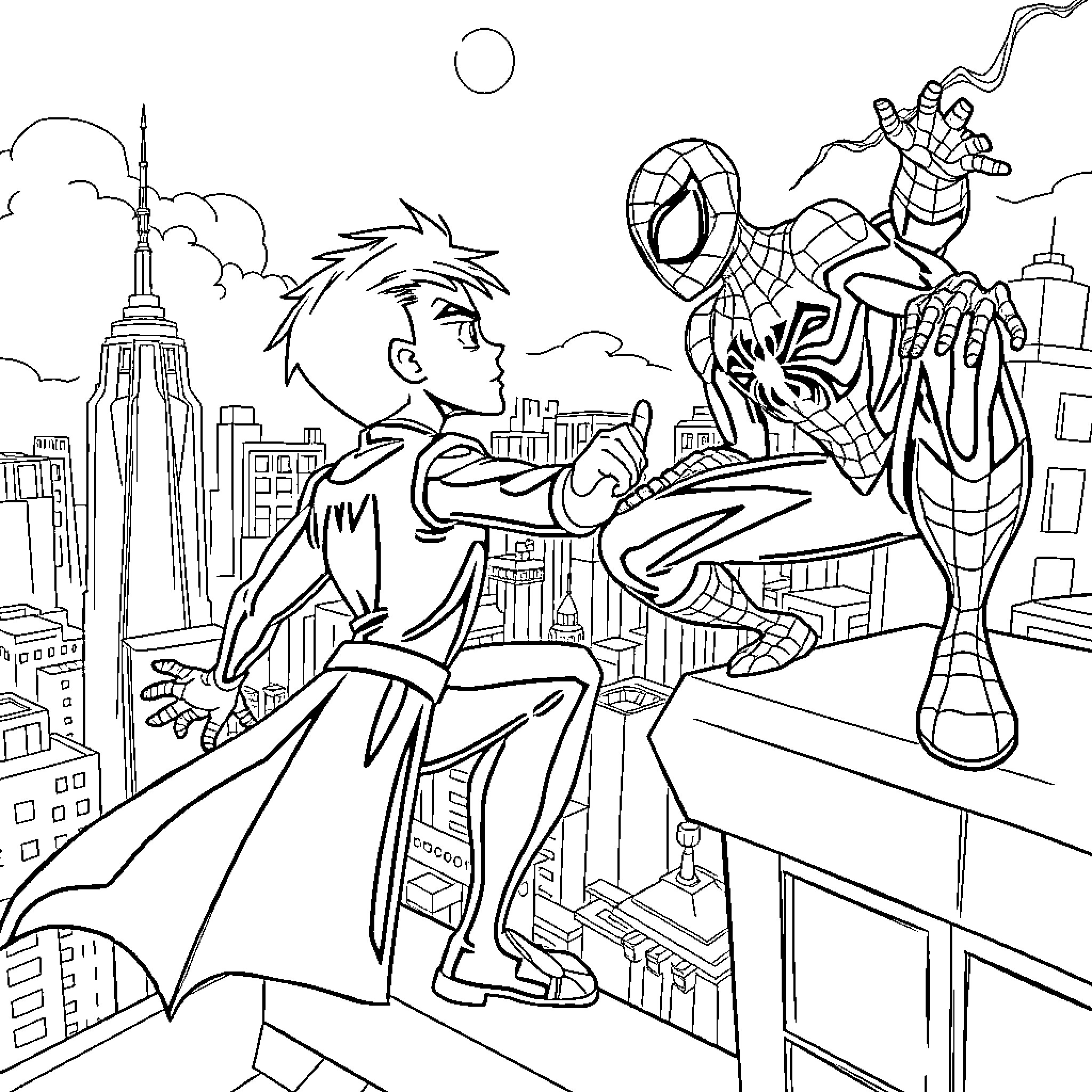 Ben 10 and Spider-Man take action in the city Coloring Page (free black-and-white line drawing printable PDF for all, from beginners to advanced learners, including children, teens, adults, and seniors)