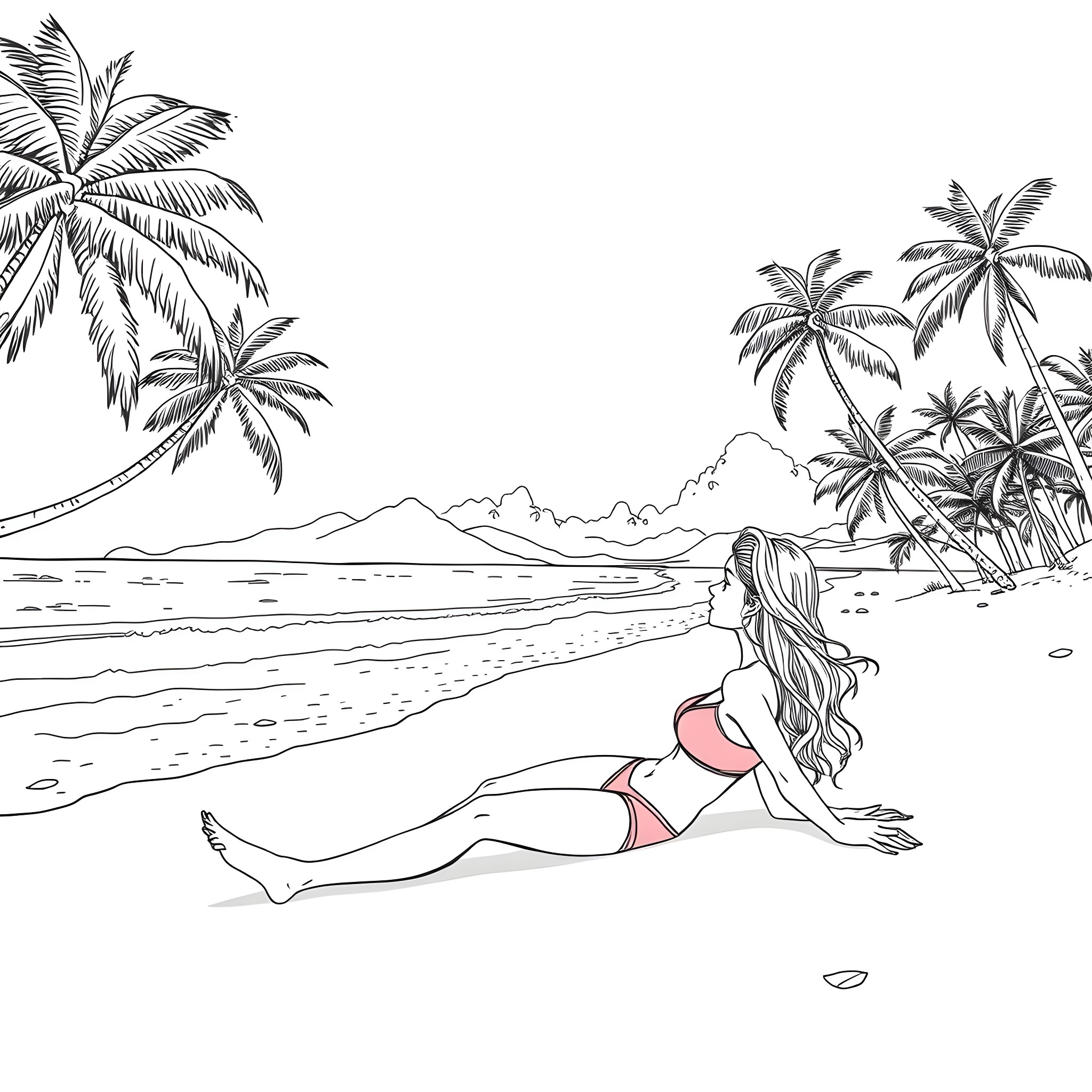 Teen Girl Relaxing on Tropical Beach Coloring Page (free black-and-white line drawing printable PDF for all, from beginners to advanced learners, including children, teens, adults, and seniors)