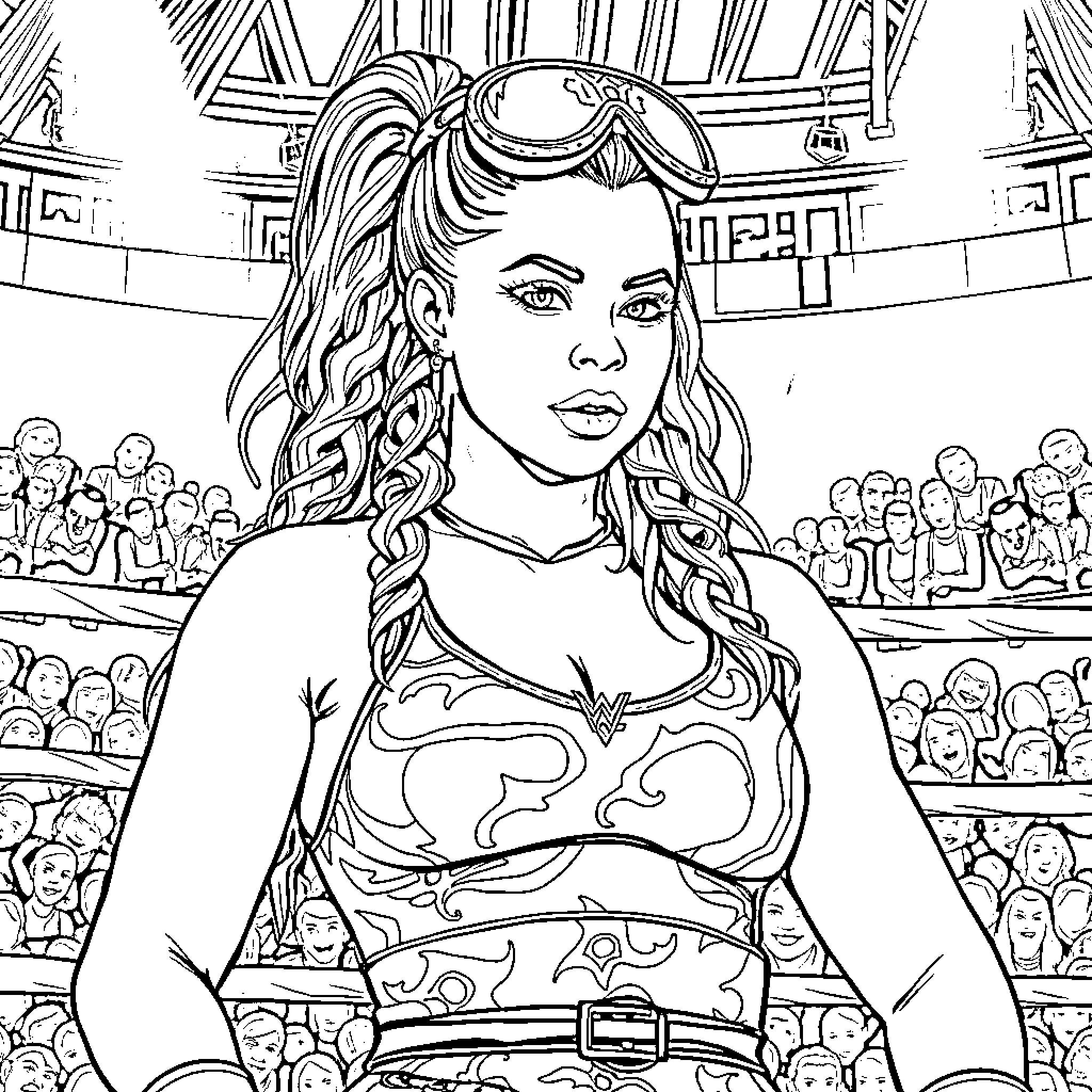 Liv Morgan Triumphant Wrestler in the Arena Coloring Page (free black-and-white line drawing printable PDF for all, from beginners to advanced learners, including children, teens, adults, and seniors)