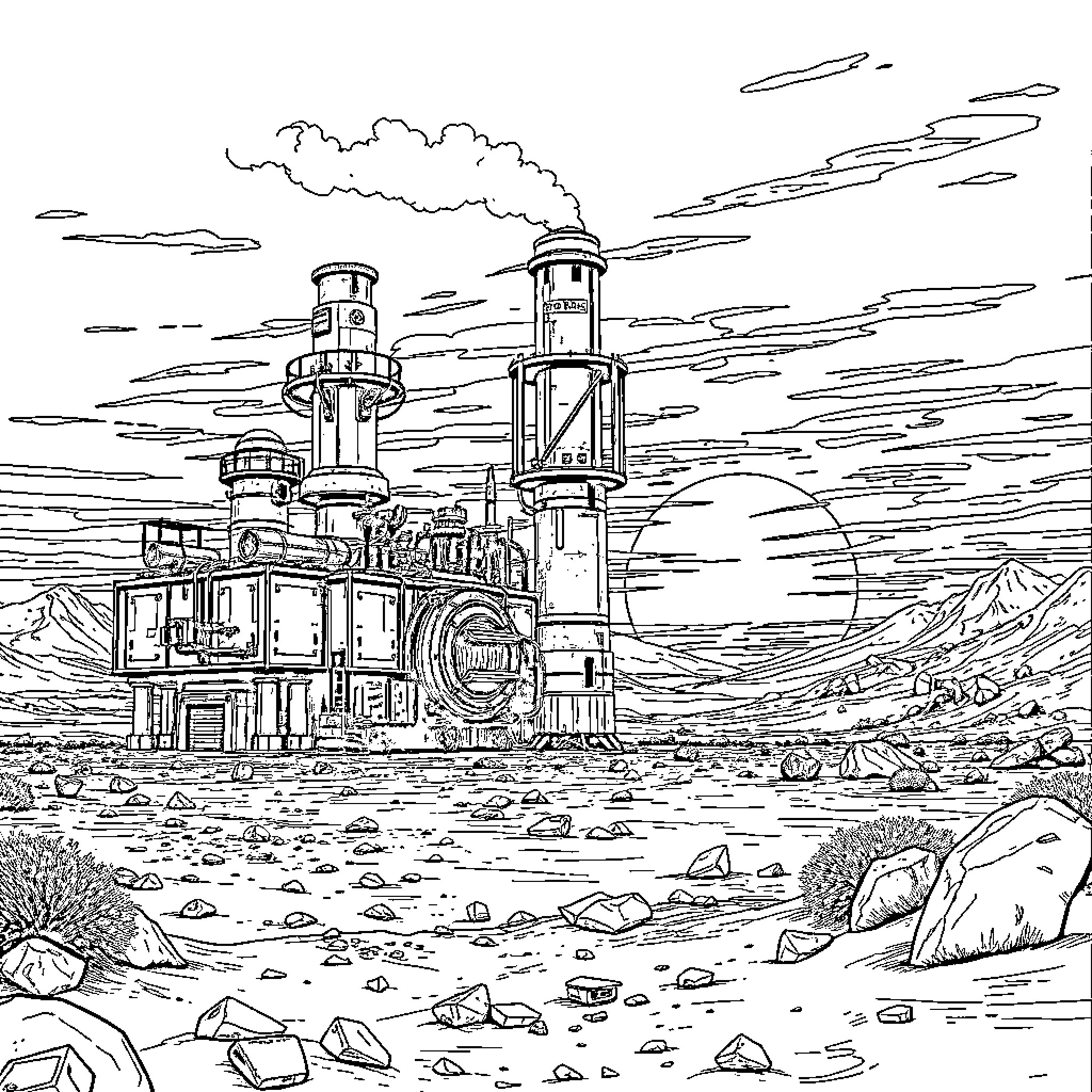Power Plant in Futuristic Sci-Fi Landscape Coloring Page (free black-and-white line drawing printable PDF for all, from beginners to advanced learners, including children, teens, adults, and seniors)