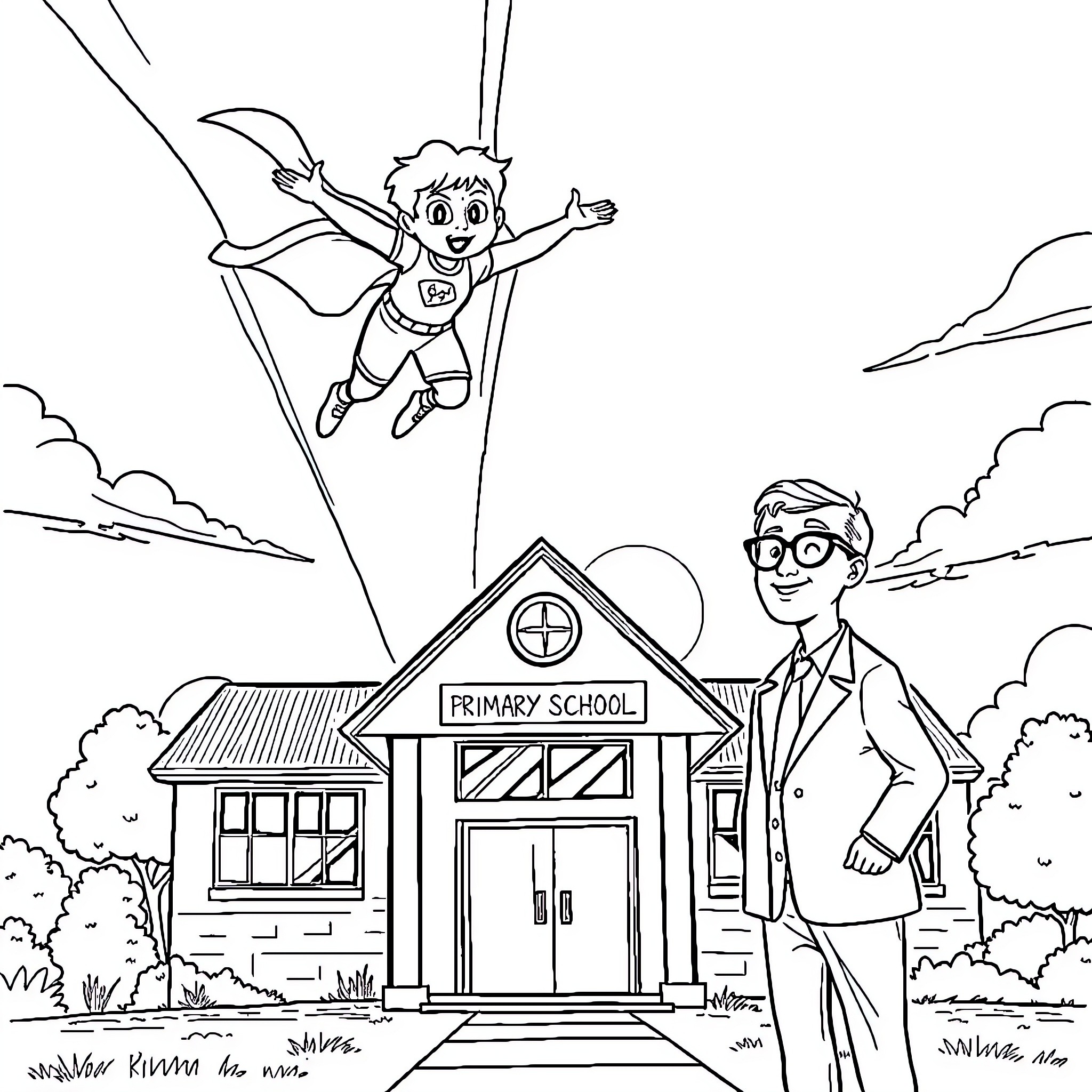 Superhero student soaring above school building Coloring Page (free black-and-white line drawing printable PDF for all, from beginners to advanced learners, including children, teens, adults, and seniors)