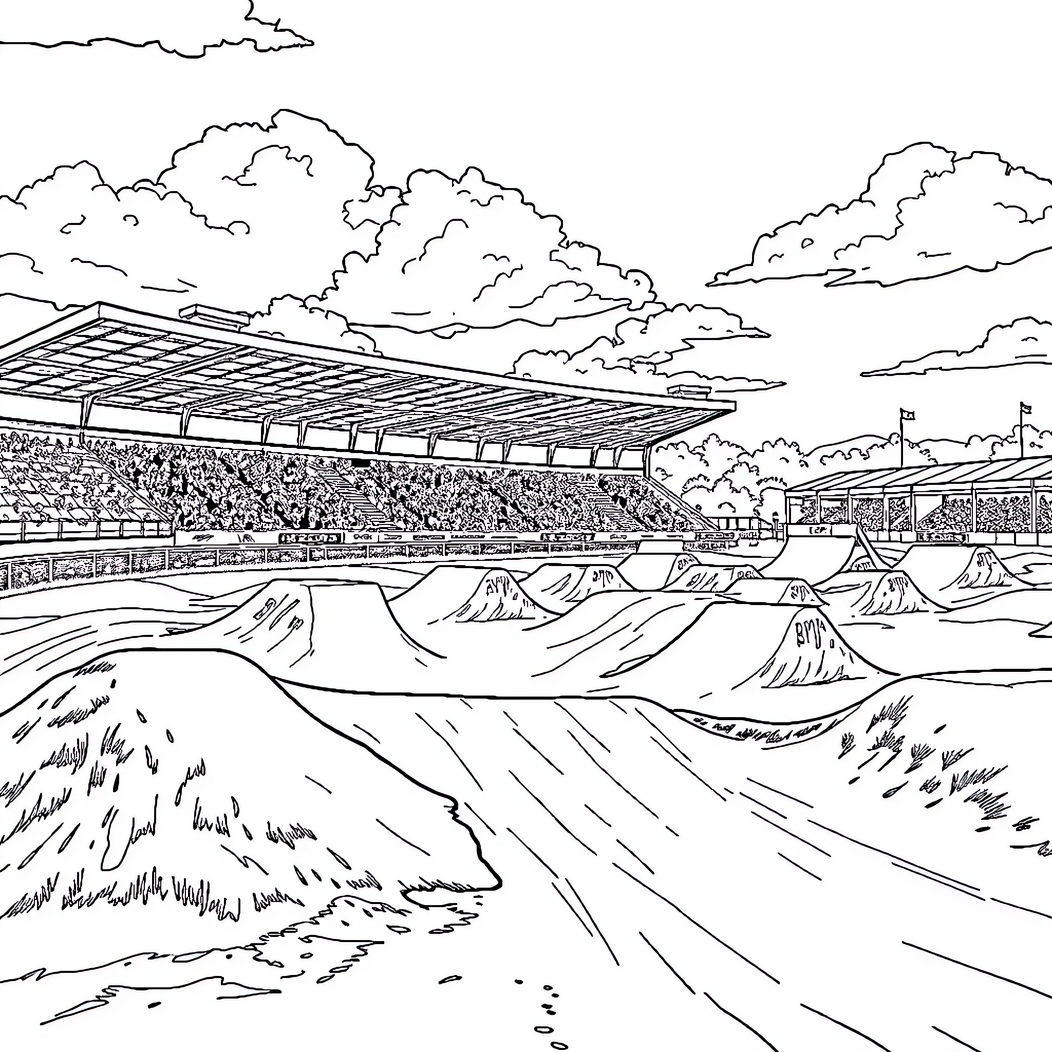 BMX stunt showcase in an outdoor stadium Coloring Page (free black-and-white line drawing printable PDF for all, from beginners to advanced learners, including children, teens, adults, and seniors)