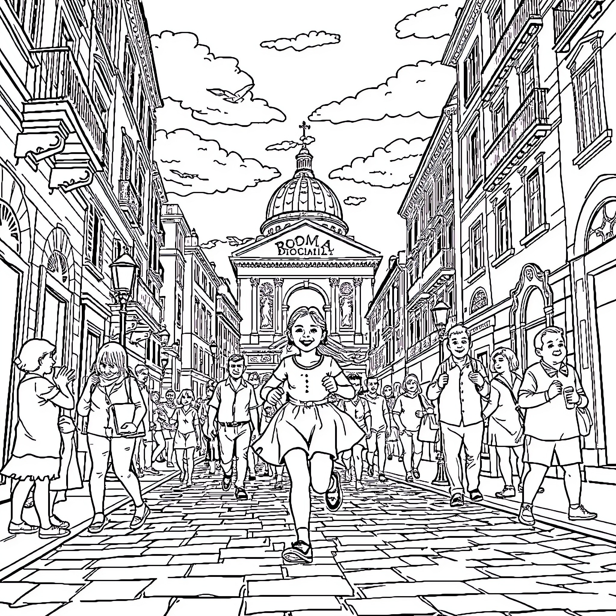 Daughter enjoying a lively street festival in the city Coloring Page (free black-and-white line drawing printable PDF for all, from beginners to advanced learners, including children, teens, adults, and seniors)