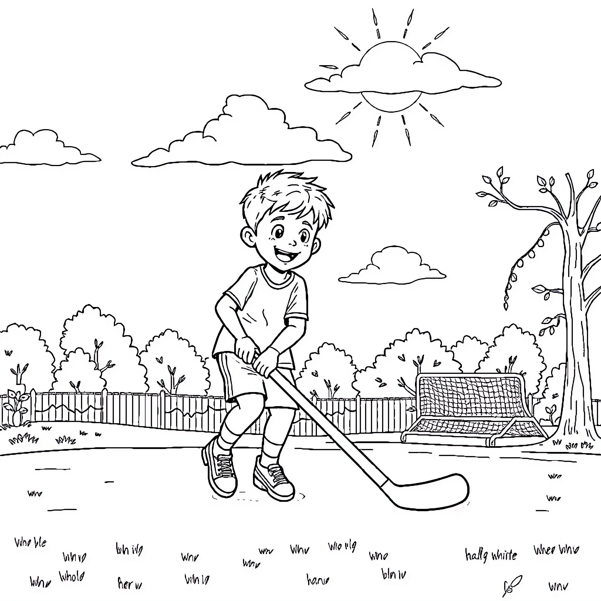 Boy playing with hockey stick in the park Coloring Page (free black-and-white line drawing printable PDF for all, from beginners to advanced learners, including children, teens, adults, and seniors)