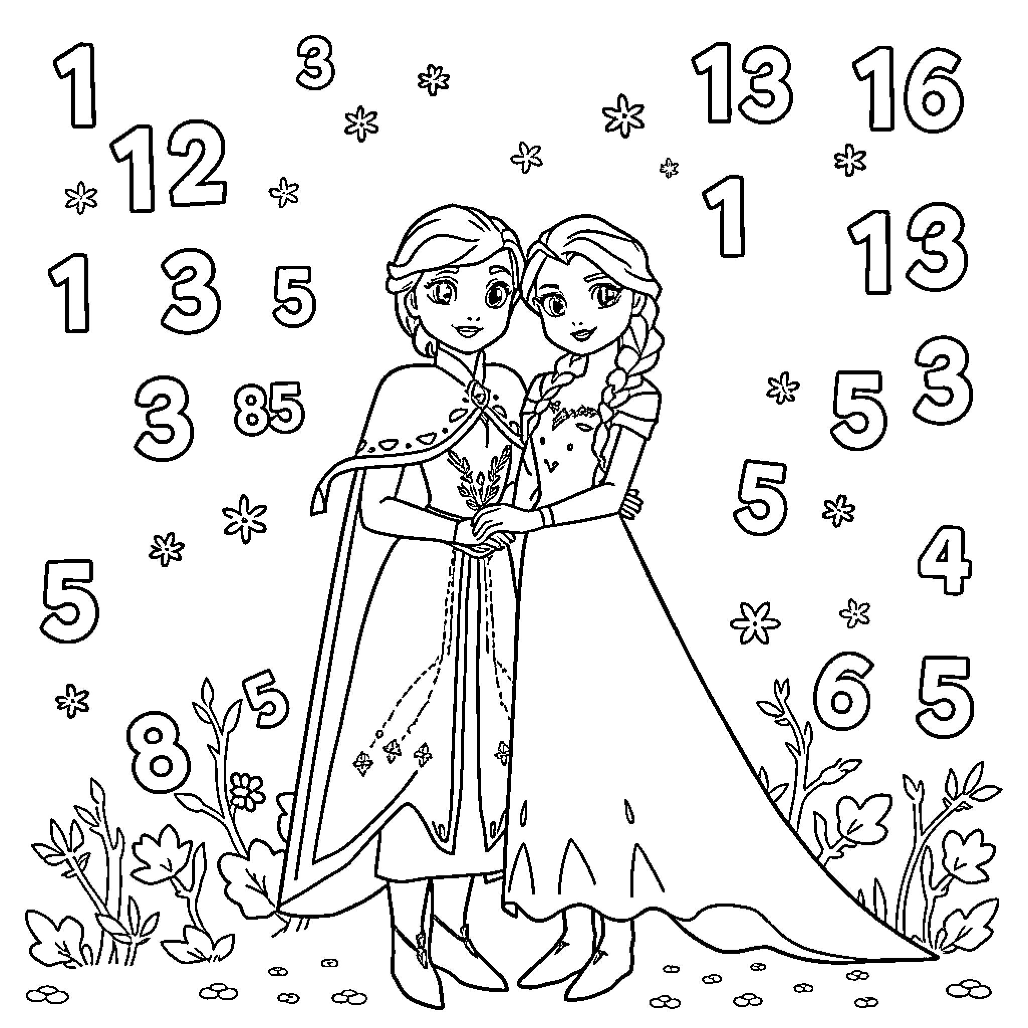 Elsa and Anna in Floral Winter Dresses Coloring Page (free black-and-white line drawing printable PDF for all, from beginners to advanced learners, including children, teens, adults, and seniors)