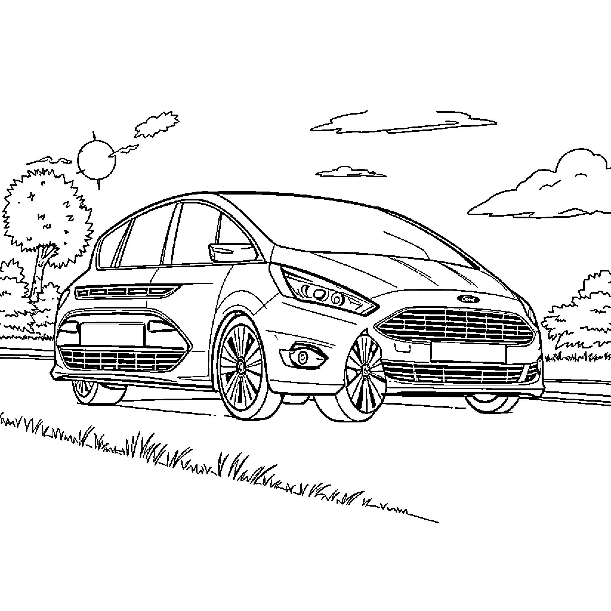 Ford S-Max in a scenic outdoor setting Coloring Page (free black-and-white line drawing printable PDF for all, from beginners to advanced learners, including children, teens, adults, and seniors)