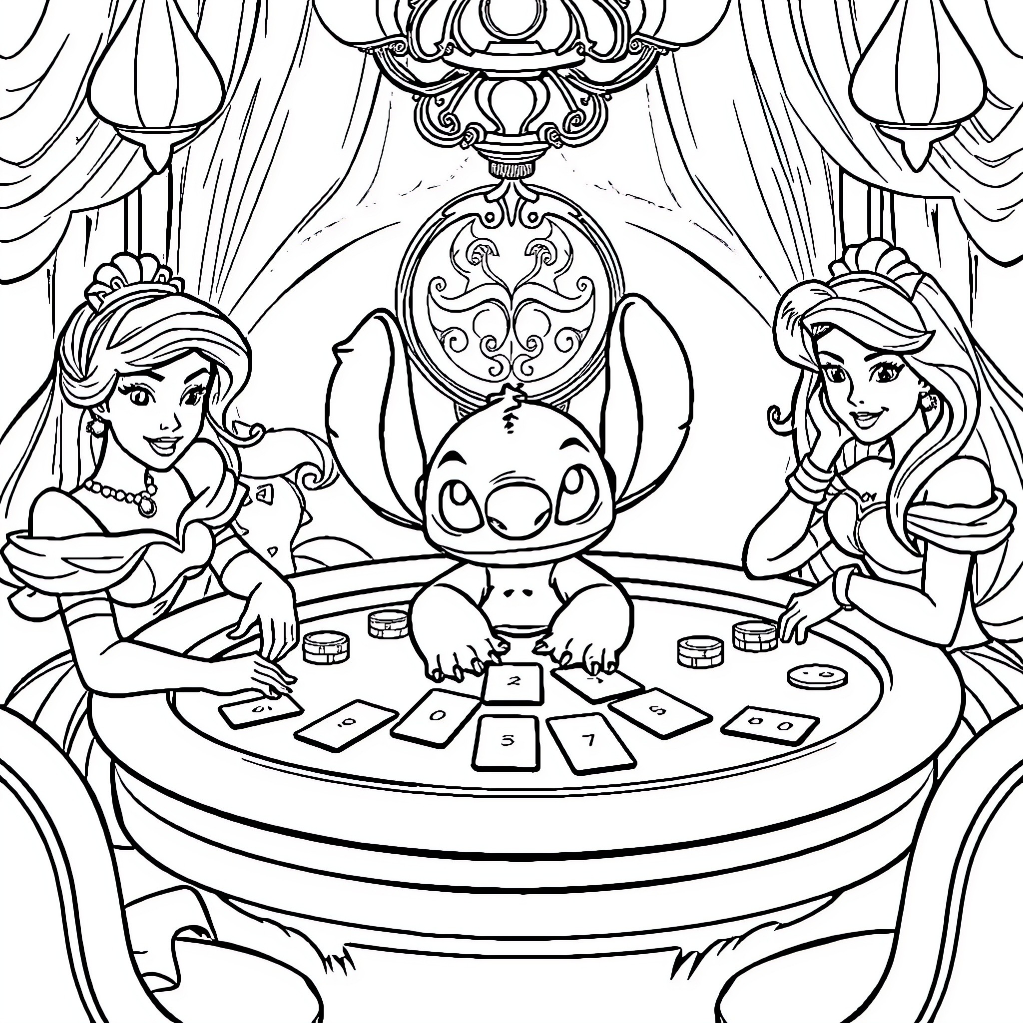 Stitch Playing Card Games with Disney Princesses Coloring Page (free black-and-white line drawing printable PDF for all, from beginners to advanced learners, including children, teens, adults, and seniors)