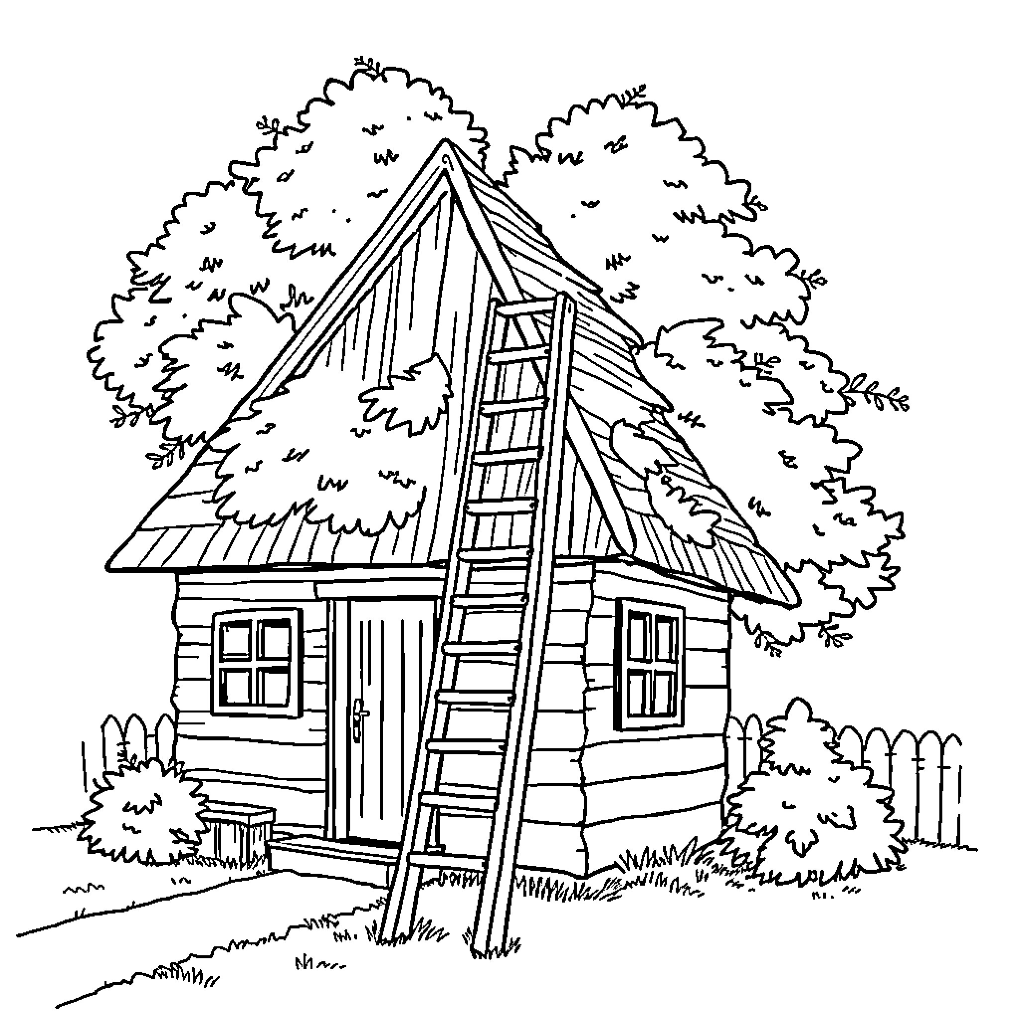 Ladder leading to rustic cabin in the woods Coloring Page (free black-and-white line drawing printable PDF for all, from beginners to advanced learners, including children, teens, adults, and seniors)