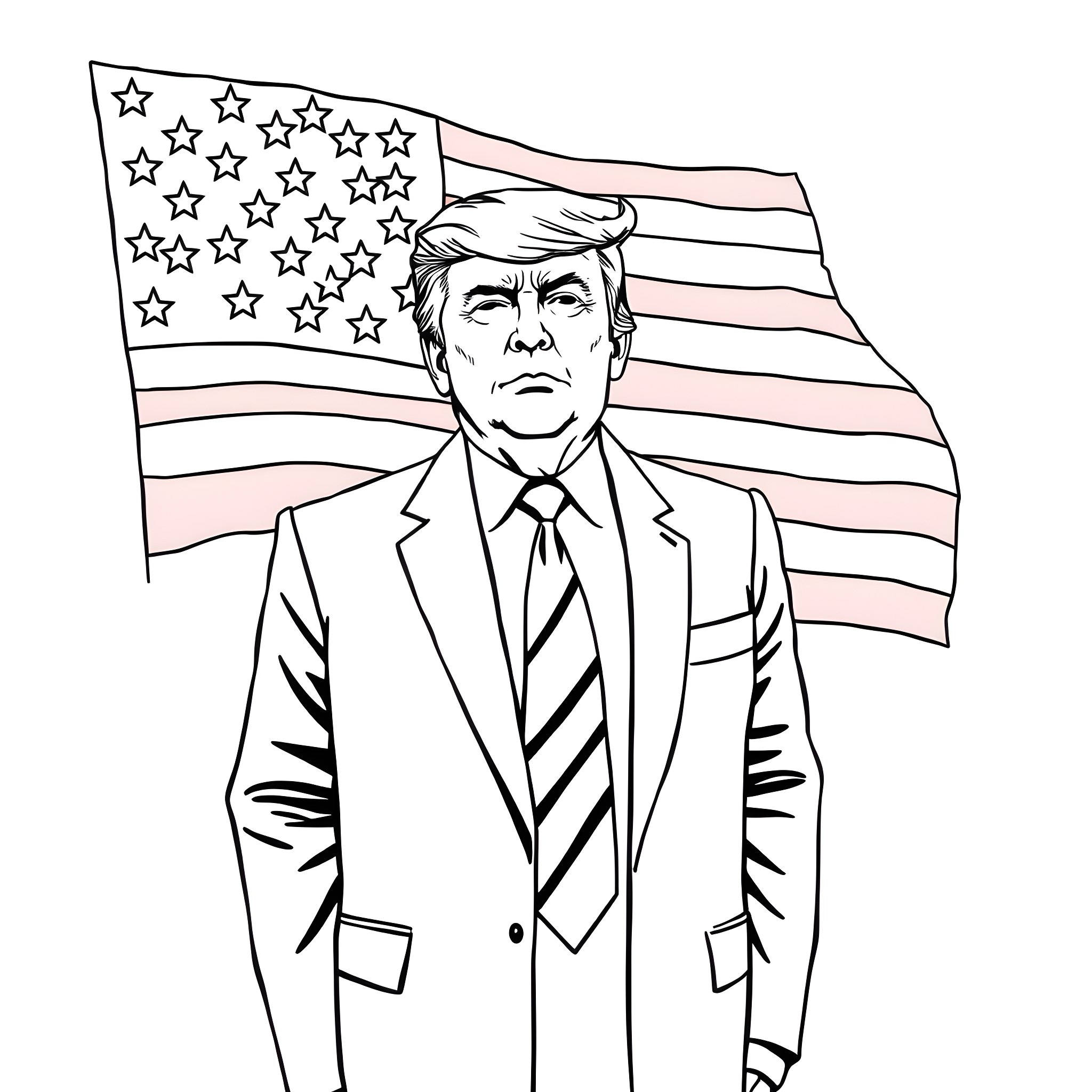Donald Trump Standing with American Flag Coloring Page (free black-and-white line drawing printable PDF for all, from beginners to advanced learners, including children, teens, adults, and seniors)