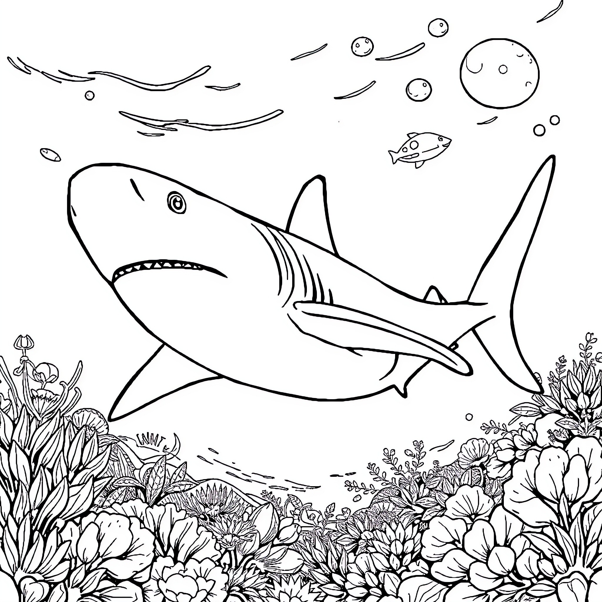 Shark swimming through an underwater coral reef Coloring Page (free black-and-white line drawing printable PDF for all, from beginners to advanced learners, including children, teens, adults, and seniors)