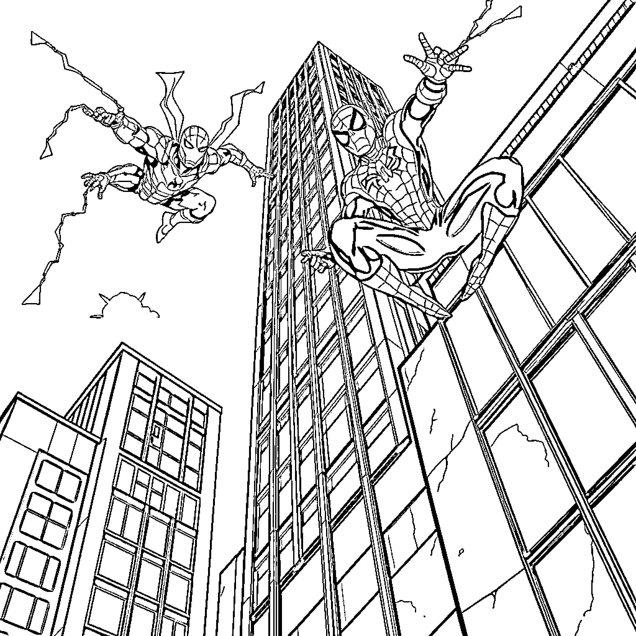 Spiderman swinging through the city skyline Coloring Page (free black-and-white line drawing printable PDF for all, from beginners to advanced learners, including children, teens, adults, and seniors)