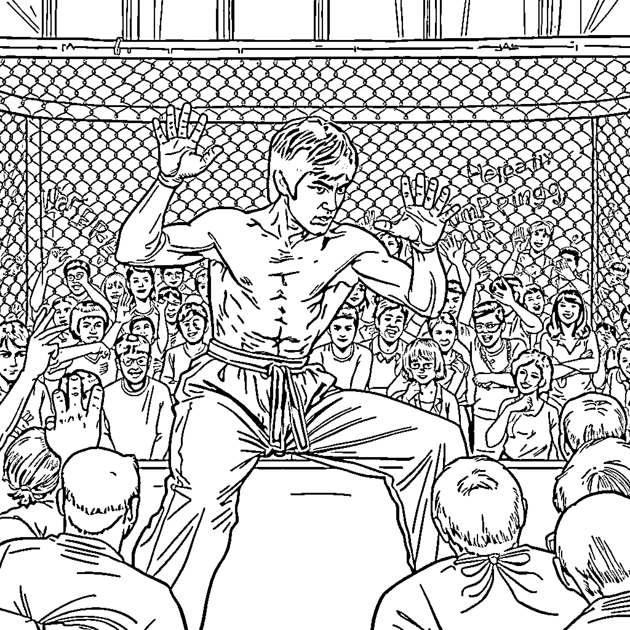 Bruce Lee Performing Martial Arts in Front of Cheering Crowd Coloring Page (free black-and-white line drawing printable PDF for all, from beginners to advanced learners, including children, teens, adults, and seniors)