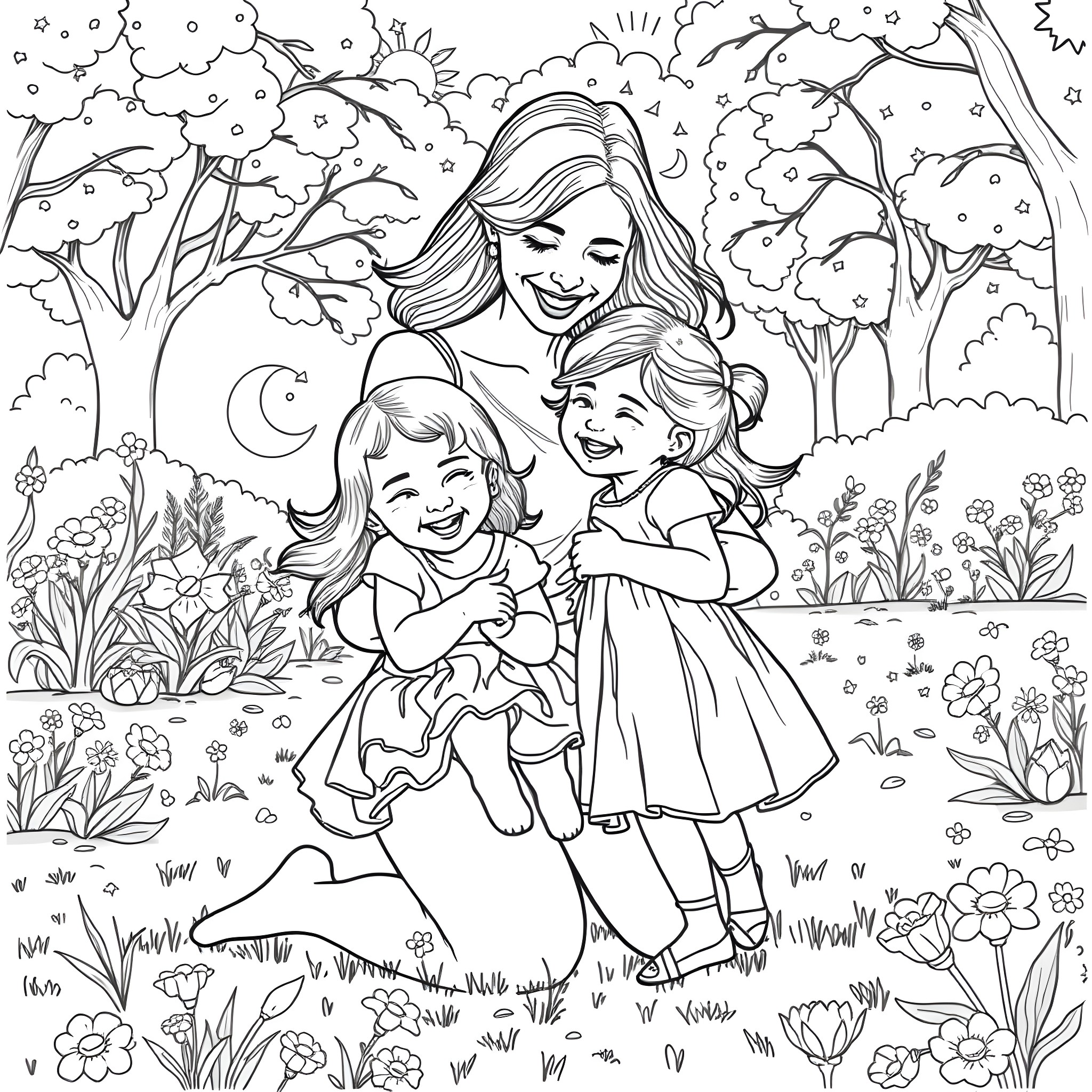 Woman and children enjoying a nature scene Coloring Page (free black-and-white line drawing printable PDF for all, from beginners to advanced learners, including children, teens, adults, and seniors)