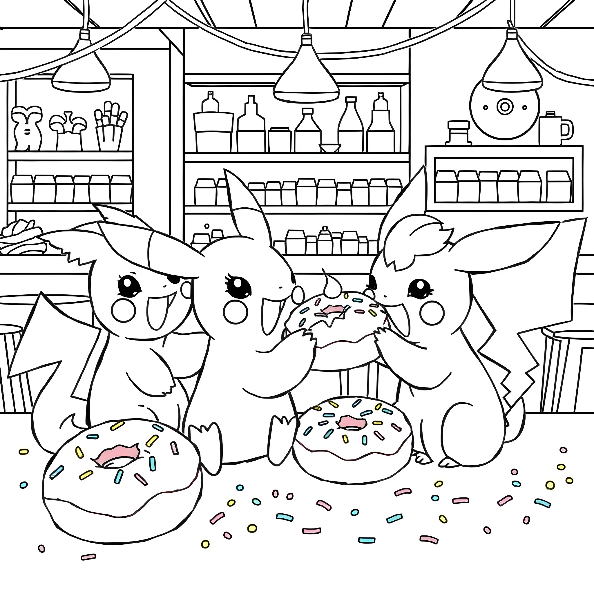 Donut-shaped Pikachu enjoying sweets in a cozy laboratory Coloring Page (free black-and-white line drawing printable PDF for all, from beginners to advanced learners, including children, teens, adults, and seniors)