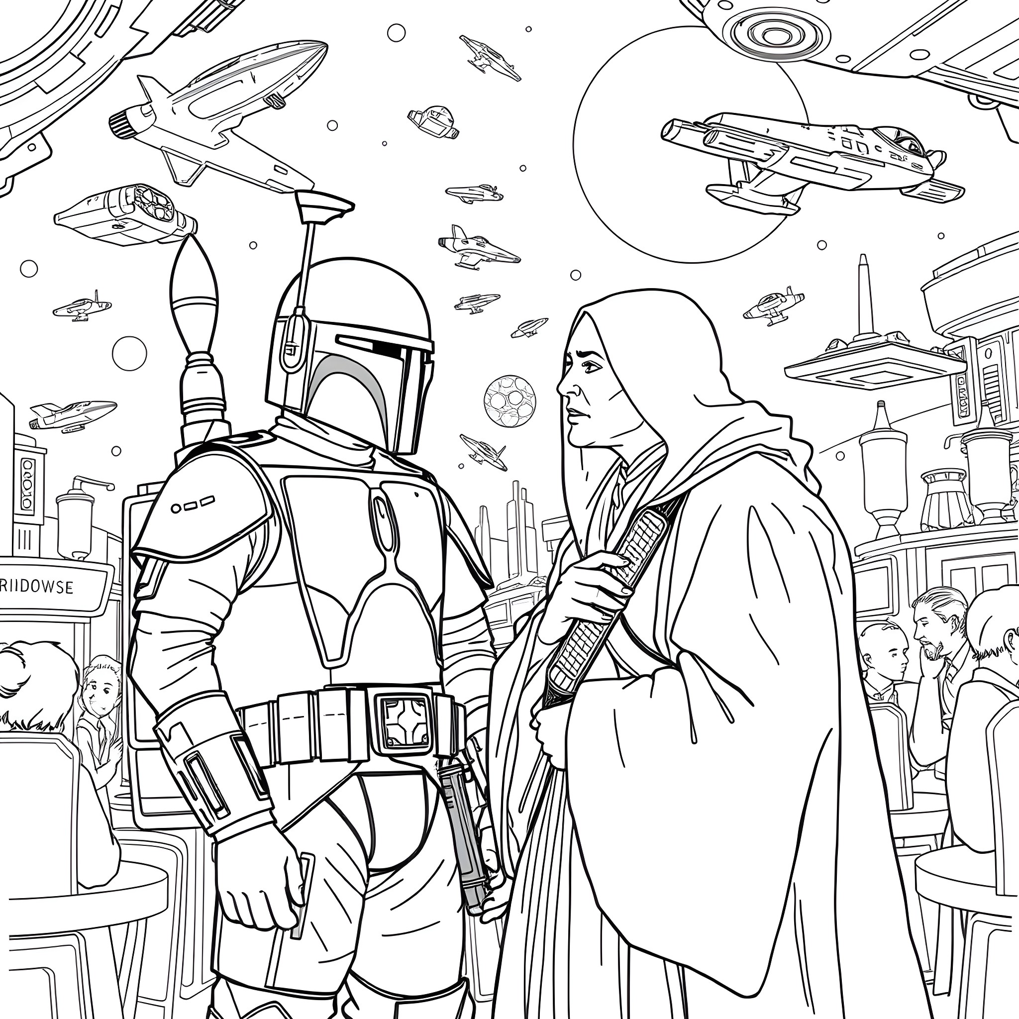 Boba Fett's Intergalactic Adventures Coloring Page (free black-and-white line drawing printable PDF for all, from beginners to advanced learners, including children, teens, adults, and seniors)