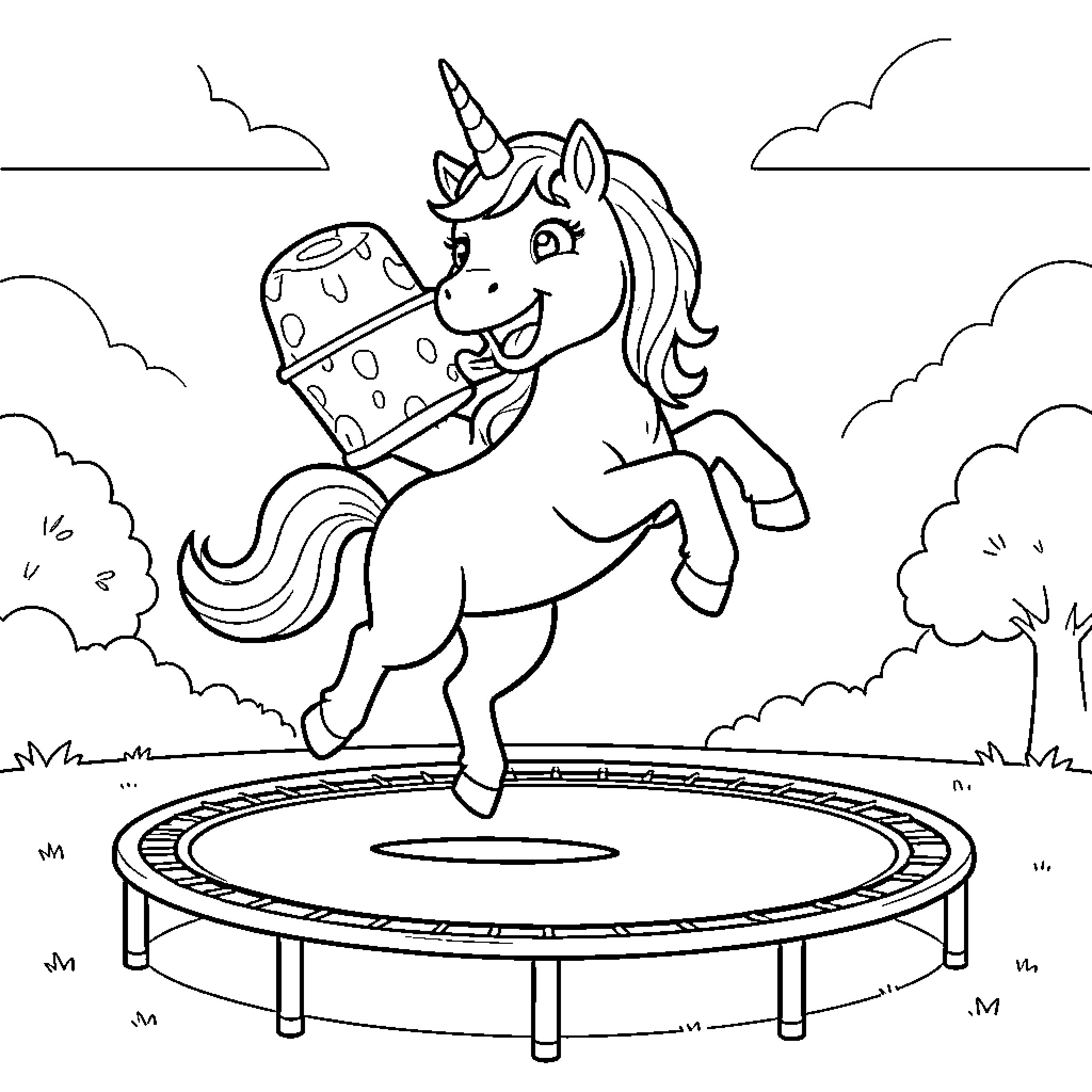 Unicorn jumping joyfully on a trampoline Coloring Page (free black-and-white line drawing printable PDF for all, from beginners to advanced learners, including children, teens, adults, and seniors)