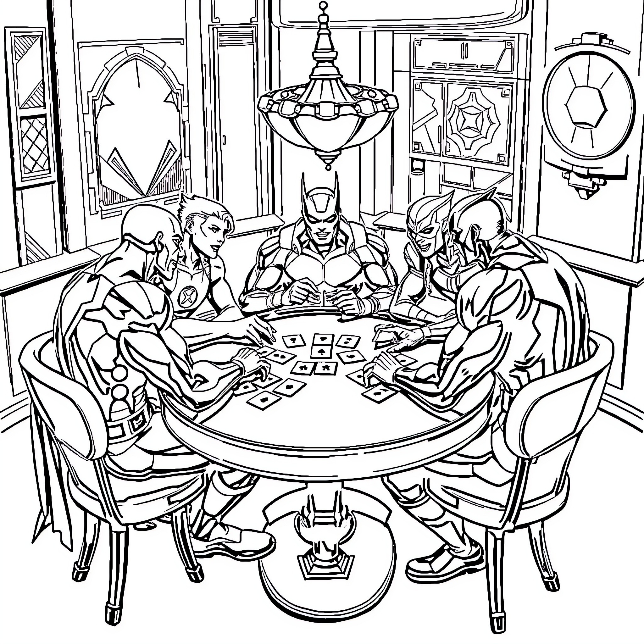 Superhero Team Strategizing in Ornate Meeting Room Coloring Page (free black-and-white line drawing printable PDF for all, from beginners to advanced learners, including children, teens, adults, and seniors)