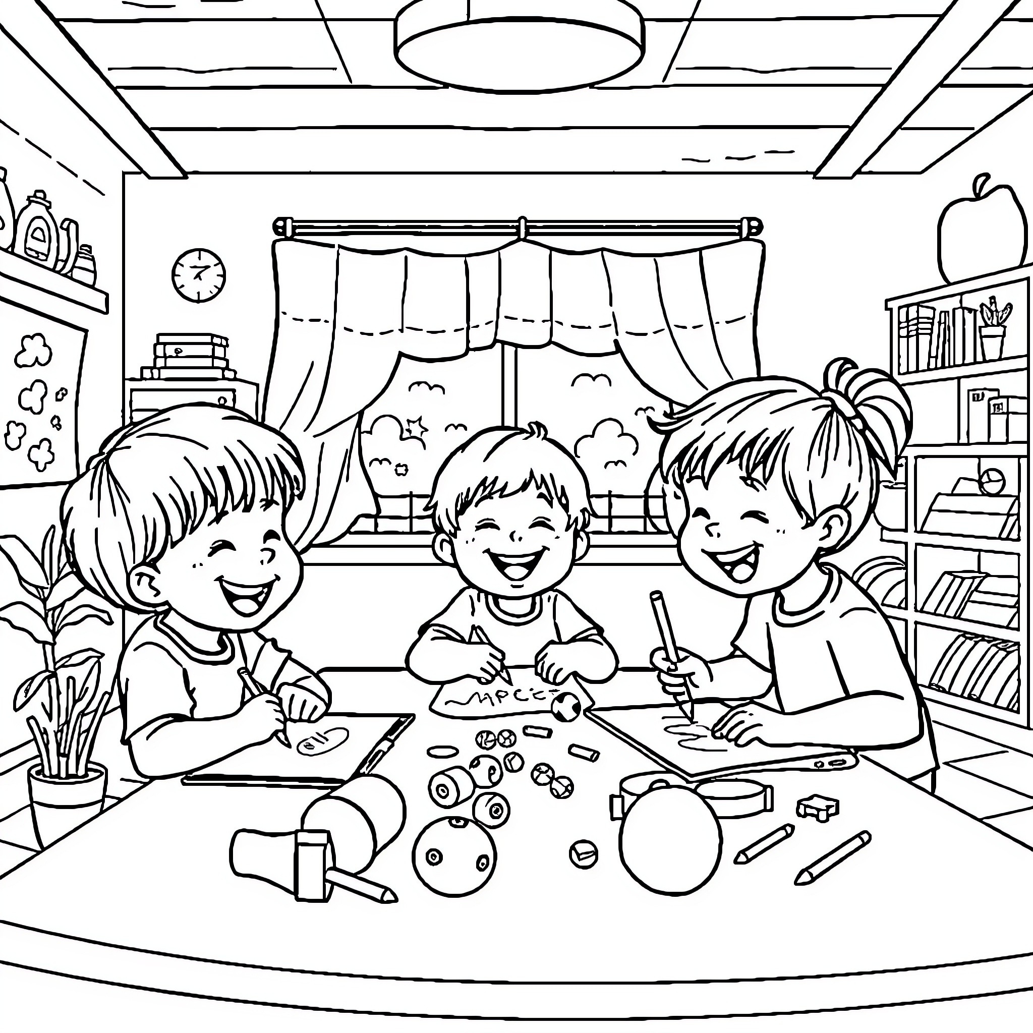 Kindergarten Students Engaged in Arts and Crafts Coloring Page (free black-and-white line drawing printable PDF for all, from beginners to advanced learners, including children, teens, adults, and seniors)