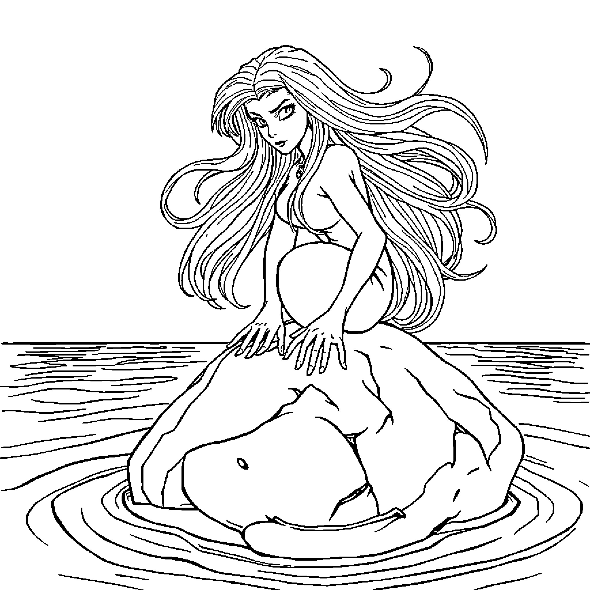 Mermaid relaxing in the tranquil waters Coloring Page (free black-and-white line drawing printable PDF for all, from beginners to advanced learners, including children, teens, adults, and seniors)