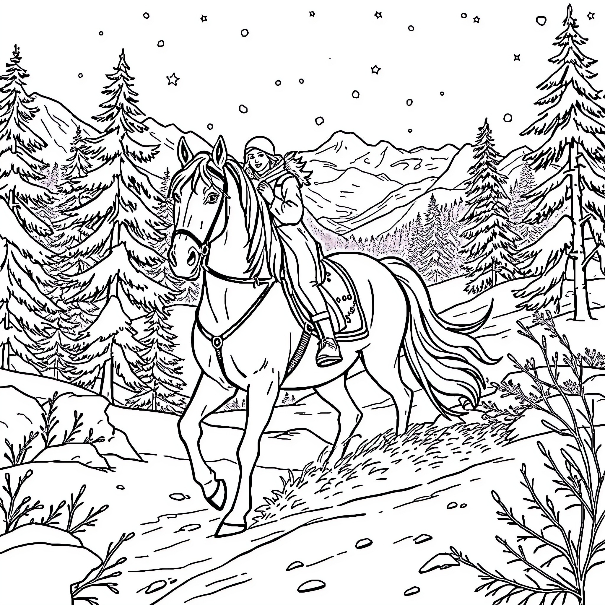 Snow Queen riding a horse through a winter wonderland Coloring Page (free black-and-white line drawing printable PDF for all, from beginners to advanced learners, including children, teens, adults, and seniors)
