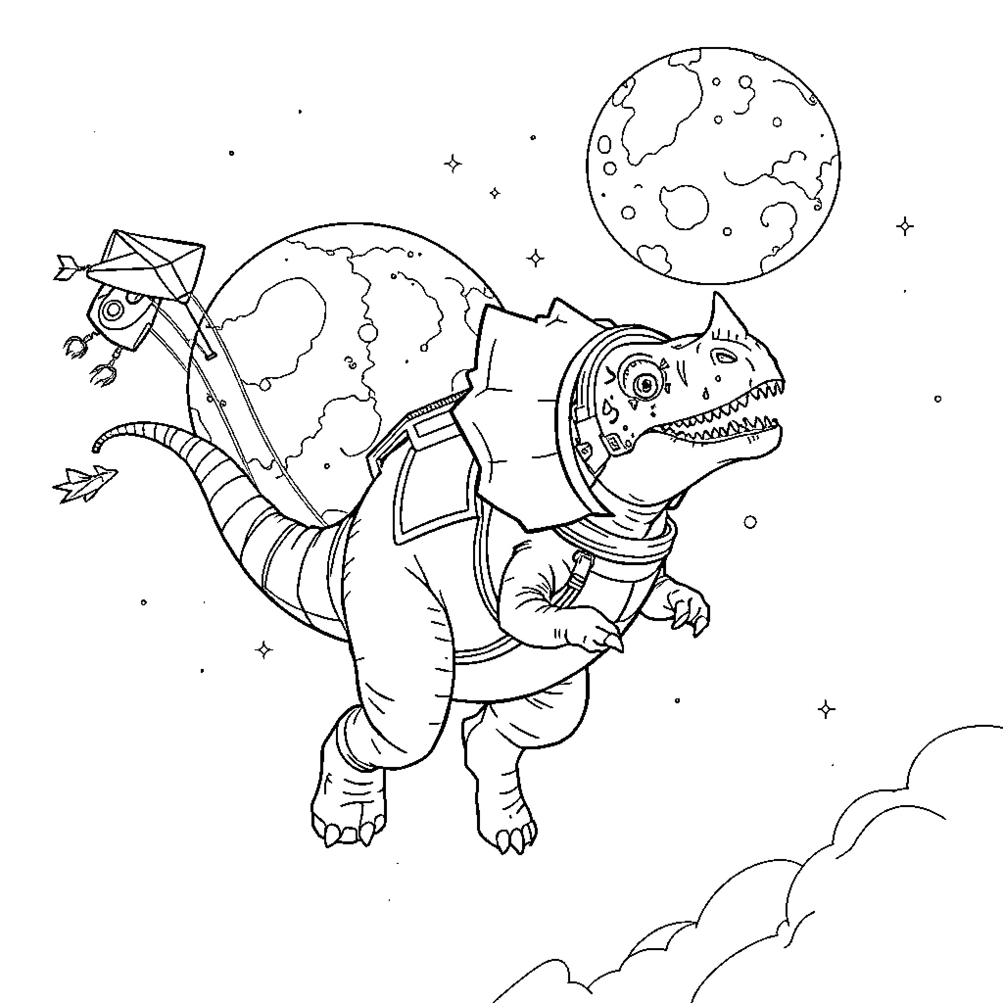 Triceratops astronaut exploring the cosmos Coloring Page (free black-and-white line drawing printable PDF for all, from beginners to advanced learners, including children, teens, adults, and seniors)