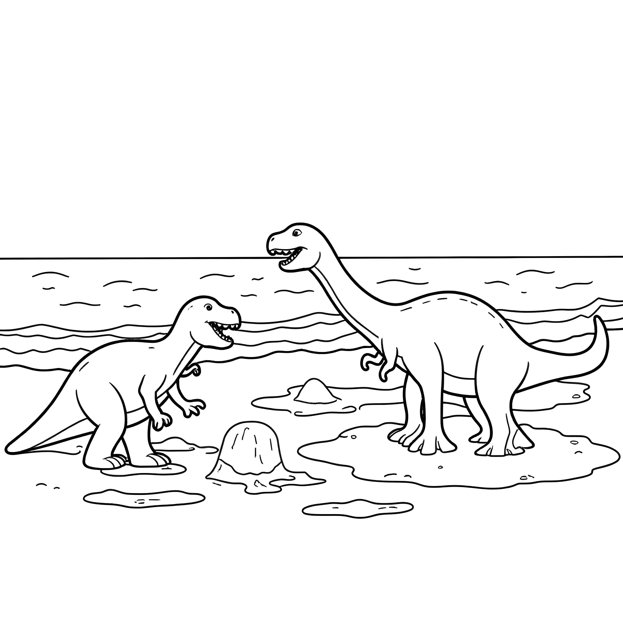 Dinosaurs exploring prehistoric landscape Coloring Page (free black-and-white line drawing printable PDF for all, from beginners to advanced learners, including children, teens, adults, and seniors)