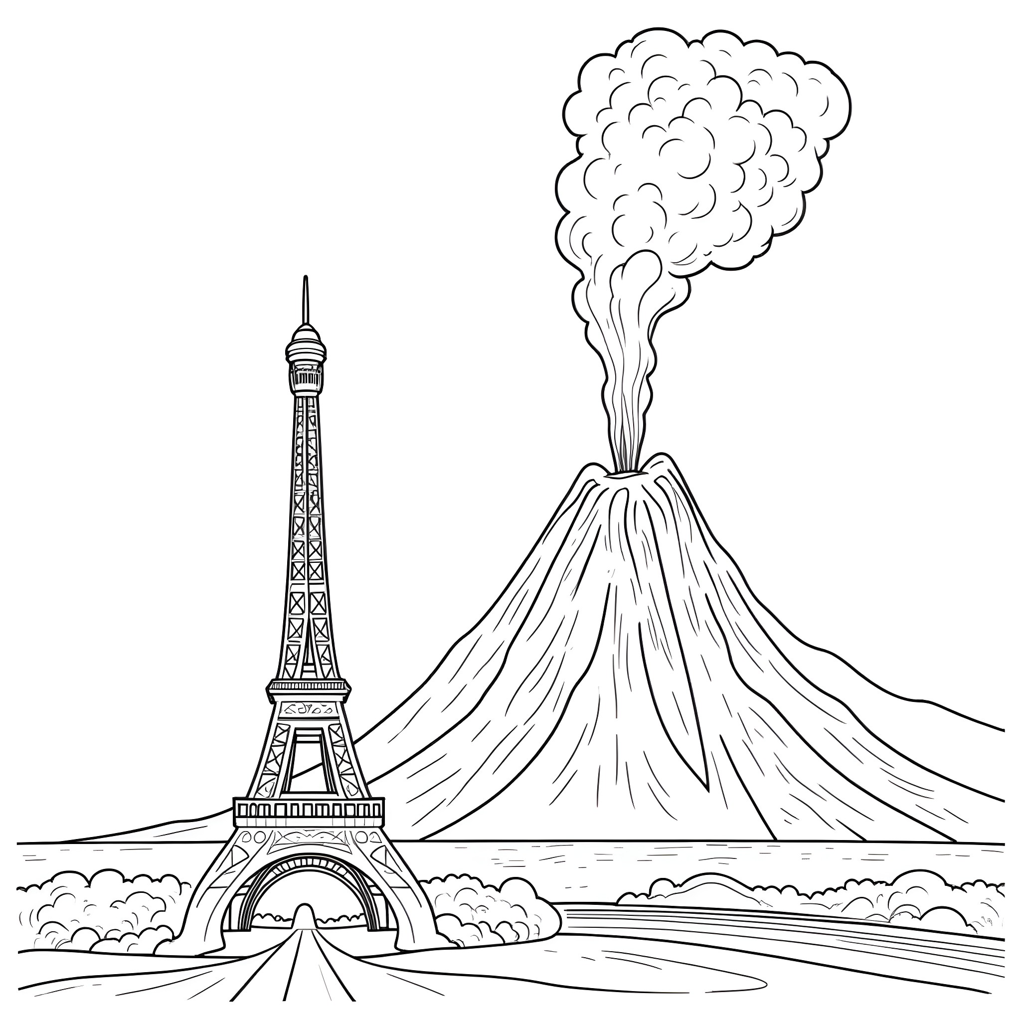 Volcano erupting near the Eiffel Tower Coloring Page (free black-and-white line drawing printable PDF for all, from beginners to advanced learners, including children, teens, adults, and seniors)