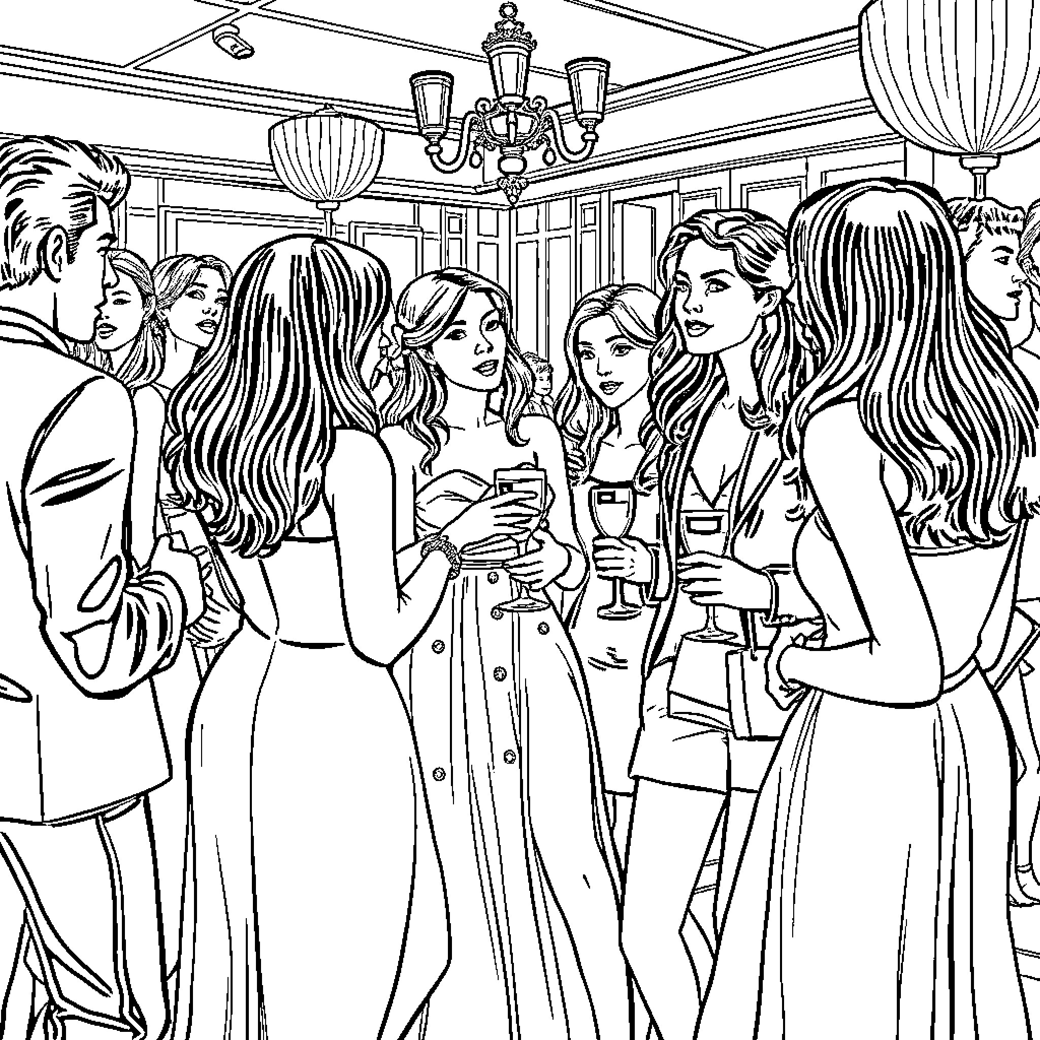 Virgin Women's Socializing in Elegant Ballroom Coloring Page (free black-and-white line drawing printable PDF for all, from beginners to advanced learners, including children, teens, adults, and seniors)