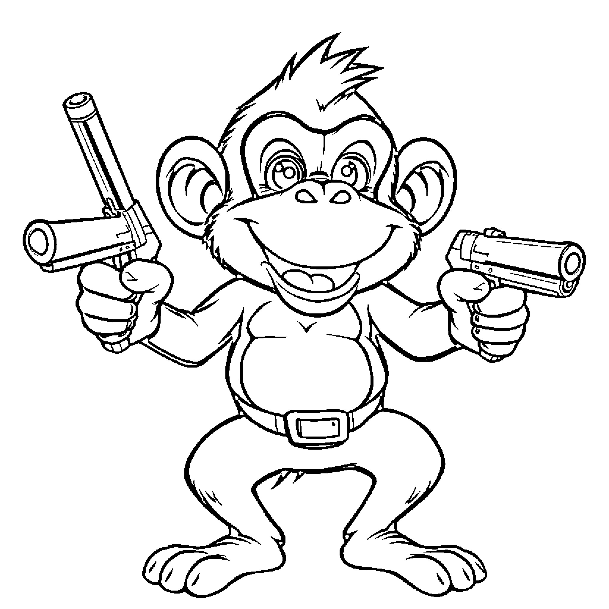 Monkey armed with guns posing in a comedic way Coloring Page (free black-and-white line drawing printable PDF for all, from beginners to advanced learners, including children, teens, adults, and seniors)