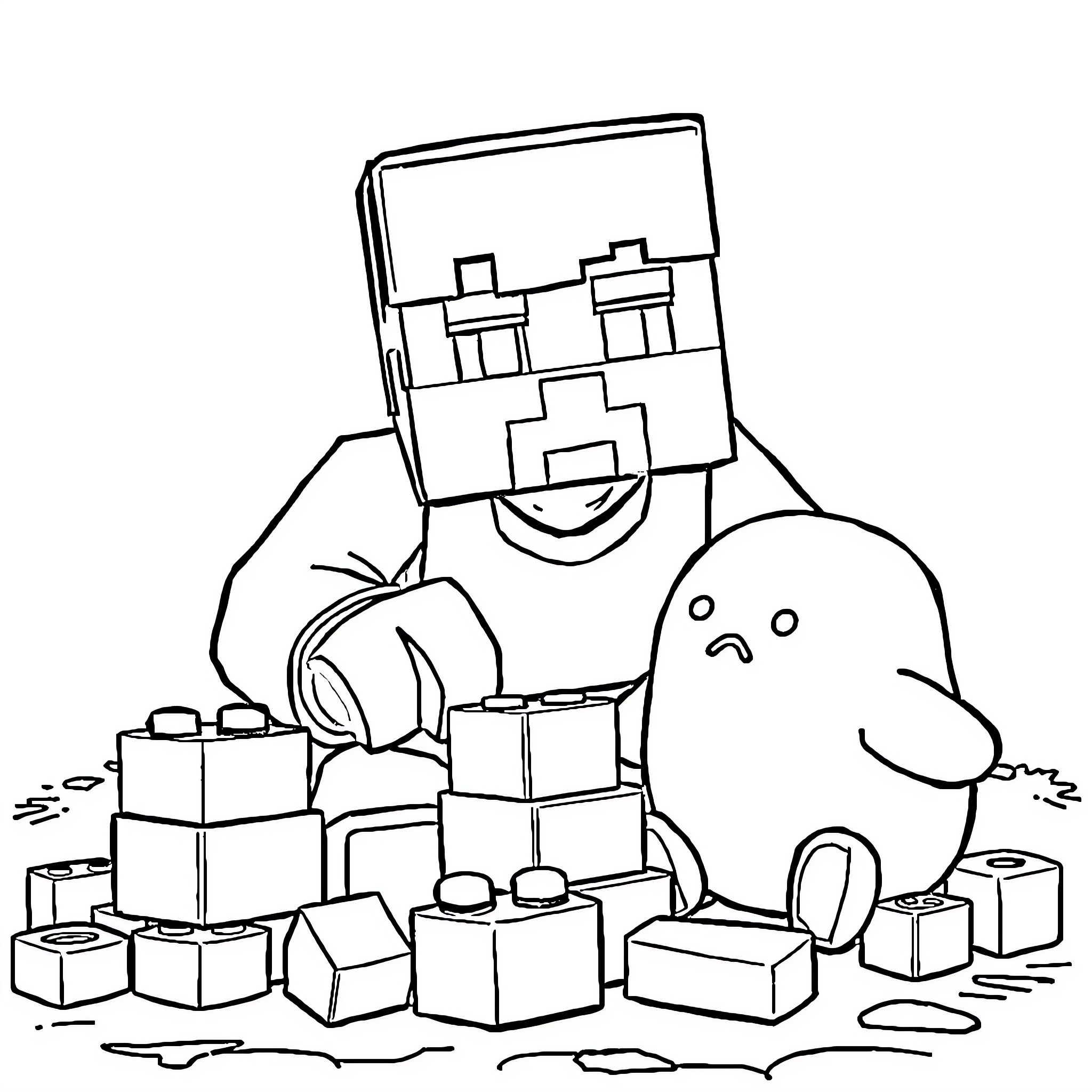Minecraft Character building with blocks Coloring Page (free black-and-white line drawing printable PDF for all, from beginners to advanced learners, including children, teens, adults, and seniors)