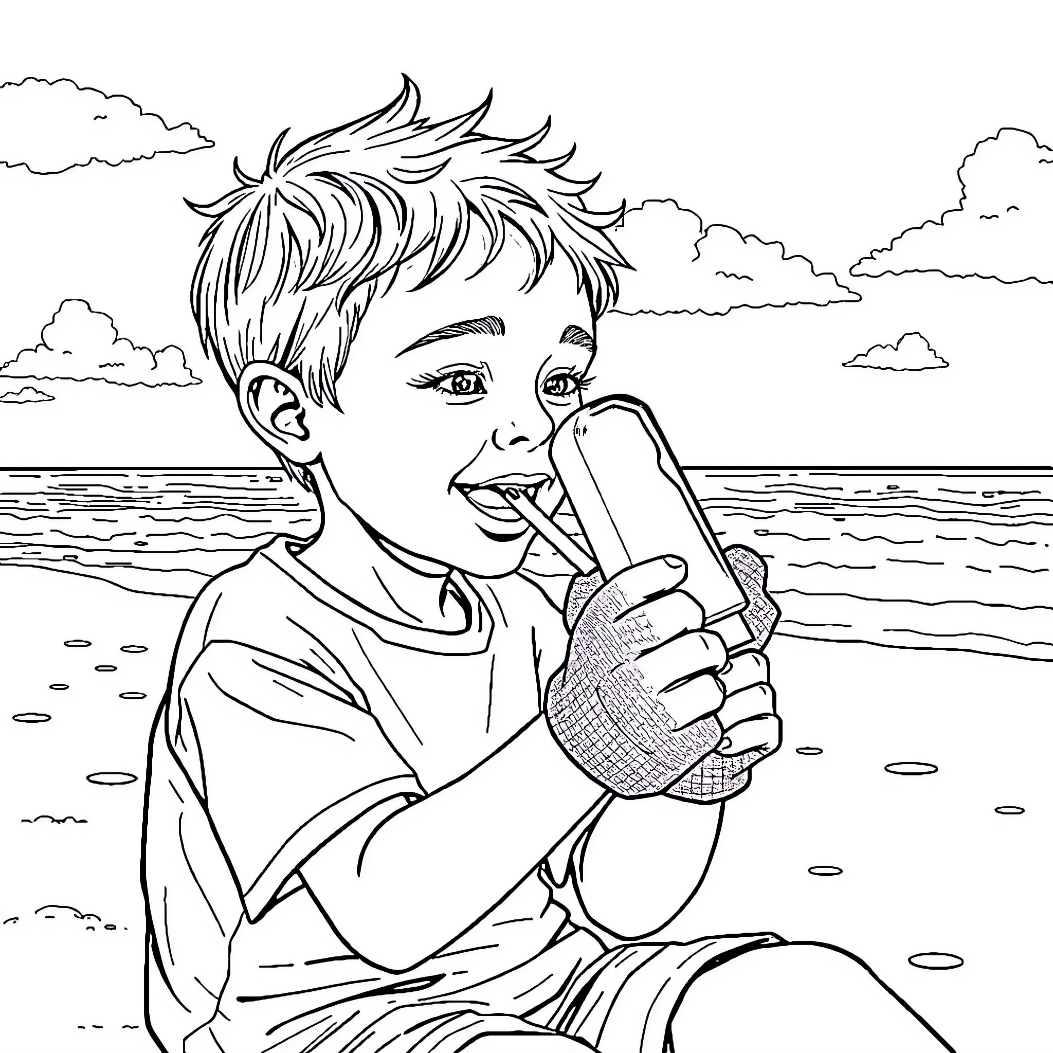 Boy enjoying popsicle on the beach Coloring Page (free black-and-white line drawing printable PDF for all, from beginners to advanced learners, including children, teens, adults, and seniors)