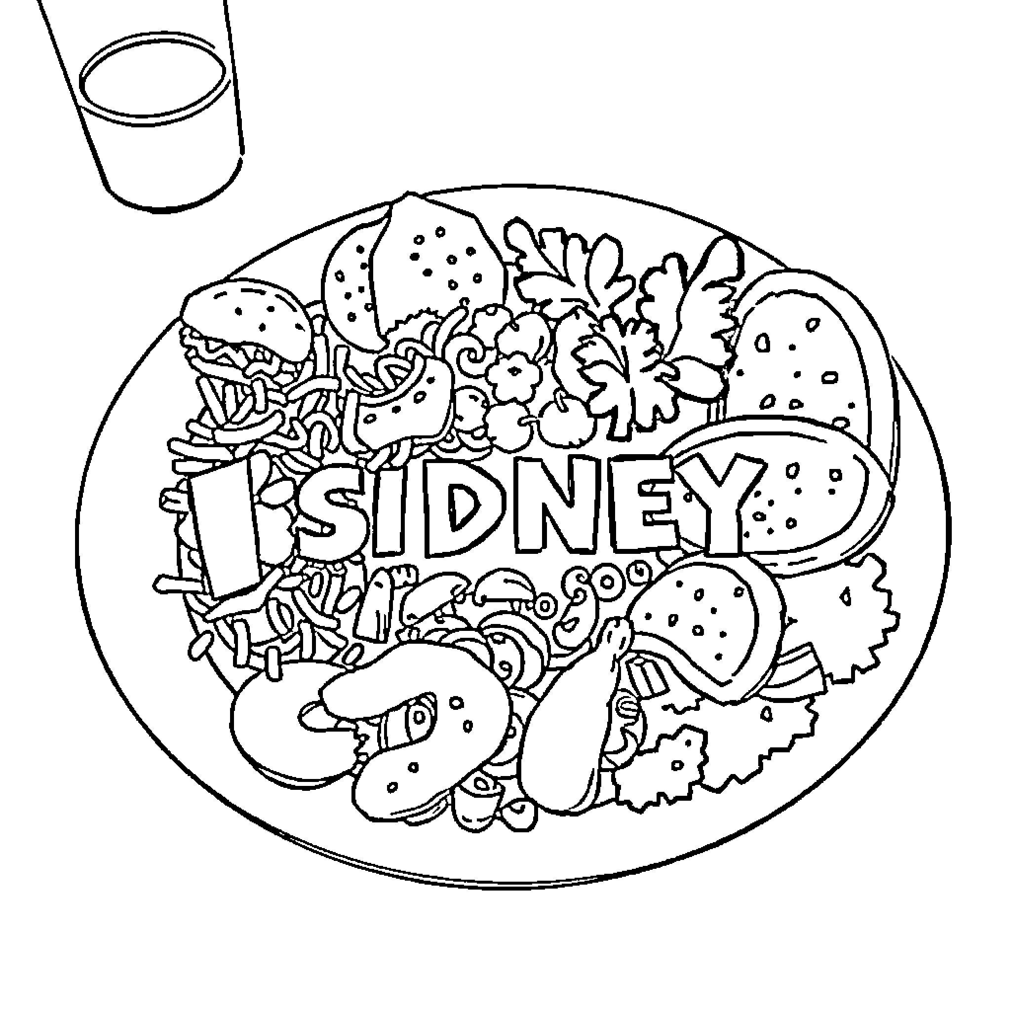 Food with Whimsical Doodles and a Name Coloring Page (free black-and-white line drawing printable PDF for all, from beginners to advanced learners, including children, teens, adults, and seniors)